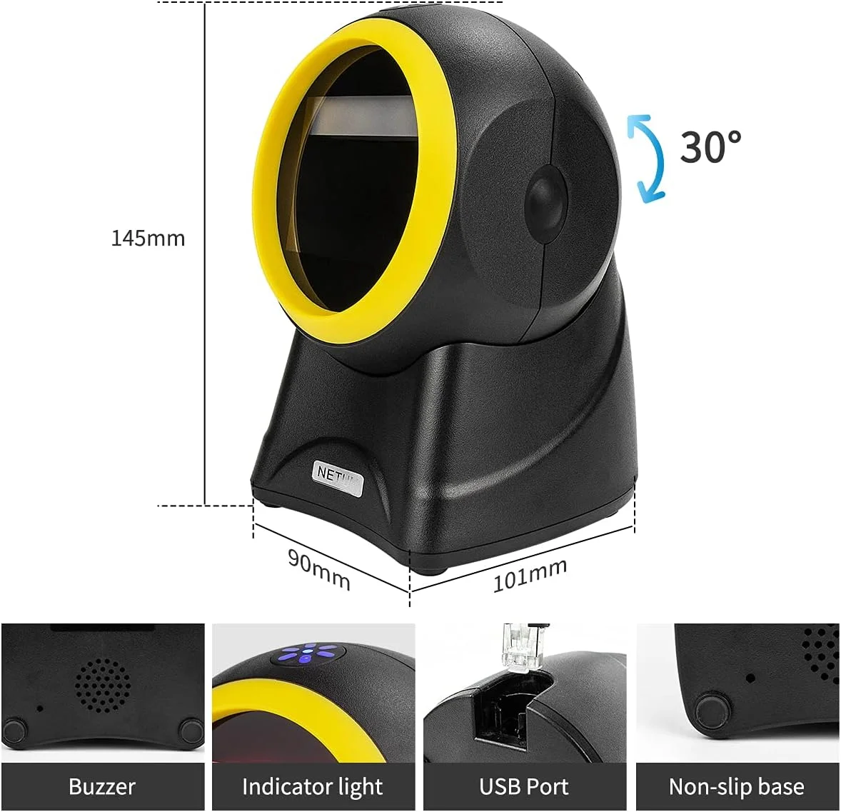 اسکنر بارکد رومیزی NETUM، 1D 2D چند جهته USB سیمی، پشتیبانی از حسگر خودکار، تشخیص خودکار زبان، سر چرخشی 30 درجه، سرعت اسکن 5 برابر، سازگار با دسکتاپ، لپ تاپ، تلفن هوشمند