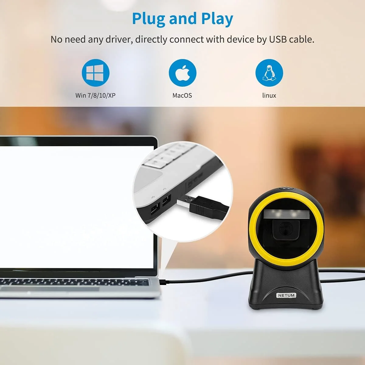 اسکنر بارکد رومیزی NETUM، 1D 2D چند جهته USB سیمی، پشتیبانی از حسگر خودکار، تشخیص خودکار زبان، سر چرخشی 30 درجه، سرعت اسکن 5 برابر، سازگار با دسکتاپ، لپ تاپ، تلفن هوشمند