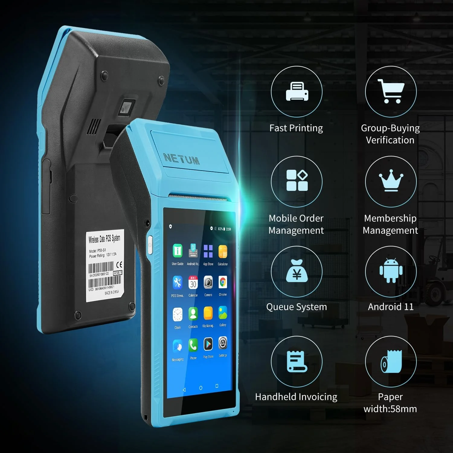 پایانه POS اندرویدی دستی NETUM با چاپگر رسید، جمع‌آوری کننده داده، اسکنر بارکد قابل حمل، بلوتوث USB WiFi BT4.0 آبی (شامل رول کاغذ 58 * 35)