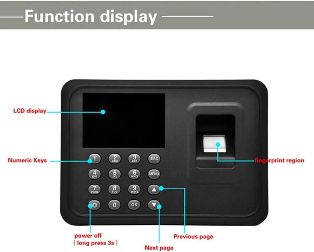دستگاه حضور و غیاب اثر انگشتی Eacam با صفحه نمایش 2.4 اینچی TFT LCD، دستگاه بیومتریک حضور و غیاب USB، ضبط کننده ورود و خروج کارمندان، پشتیبانی از کنترل دسترسی دیسک USB، مشکی دستگاه حضور و غیاب اثر انگشتی Eacam با صفحه نمایش 2.4 اینچی TFT LCD، دستگاه بیومتریک حضور و غیاب USB، ضبط کننده ورود و خروج کارمندان، پشتیبانی از کنترل دسترسی دیسک USB، مشکی