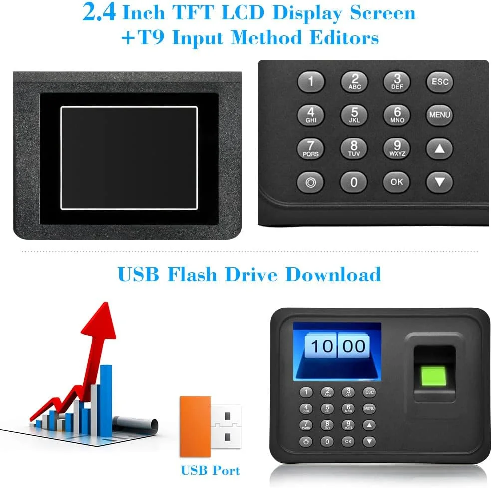 دستگاه حضور و غیاب اثر انگشتی Eacam با صفحه نمایش 2.4 اینچی TFT LCD، دستگاه بیومتریک حضور و غیاب USB، ضبط کننده ورود و خروج کارمندان، پشتیبانی از کنترل دسترسی دیسک USB، مشکی دستگاه حضور و غیاب اثر انگشتی Eacam با صفحه نمایش 2.4 اینچی TFT LCD، دستگاه بیومتریک حضور و غیاب USB، ضبط کننده ورود و خروج کارمندان، پشتیبانی از کنترل دسترسی دیسک USB، مشکی