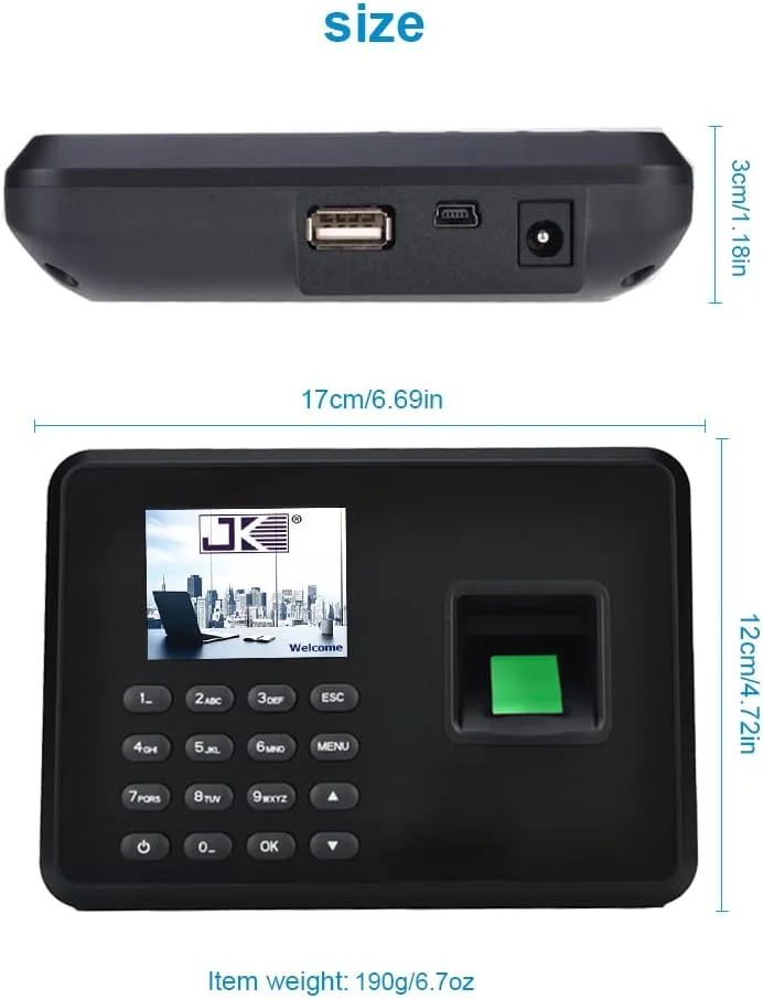 دستگاه حضور و غیاب Eacam، دستگاه کنترل دسترسی اثر انگشتی بیومتریک هوشمند با رمز عبور، صفحه نمایش LCD 2.4 اینچی، دستگاه ثبت ورود و خروج کارمندان، پشتیبانی از گزارش خروجی دیسک U دستگاه حضور و غیاب Eacam، دستگاه کنترل دسترسی اثر انگشتی بیومتریک هوشمند با رمز عبور، صفحه نمایش LCD 2.4 اینچی، دستگاه ثبت ورود و خروج کارمندان، پشتیبانی از گزارش خروجی دیسک U