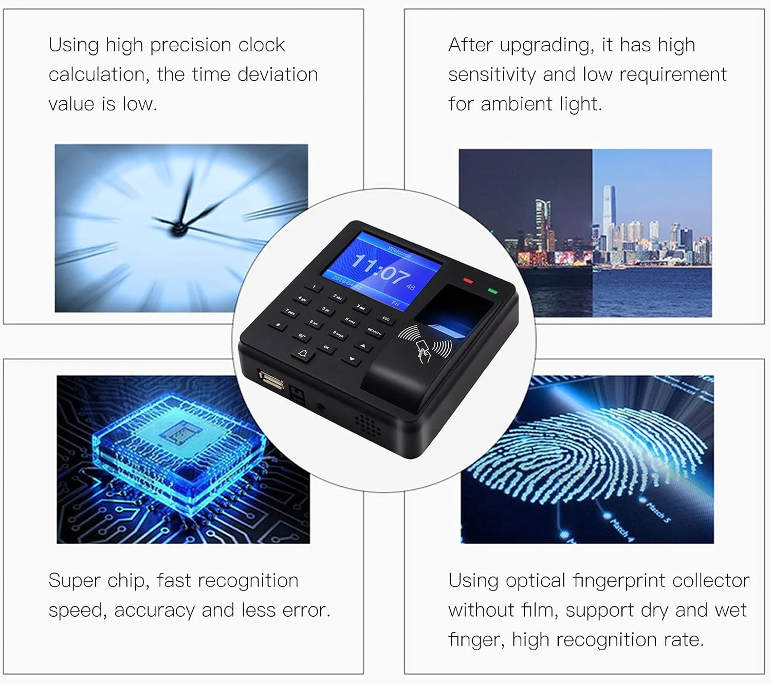 دستگاه حضور و غیاب اثر انگشتی Eacam، دستگاه هوشمند بیومتریک تشخیص اثر انگشت/رمز عبور/کارت شناسایی، ساعت ثبت ورود و خروج کارکنان با صفحه نمایش 2.4 اینچی، پشتیبانی از قفل درب، گزارش خروجی دیسک U دستگاه حضور و غیاب اثر انگشتی Eacam، دستگاه هوشمند بیومتریک تشخیص اثر انگشت/رمز عبور/کارت شناسایی، ساعت ثبت ورود و خروج کارکنان با صفحه نمایش 2.4 اینچی، پشتیبانی از قفل درب، گزارش خروجی دیسک U