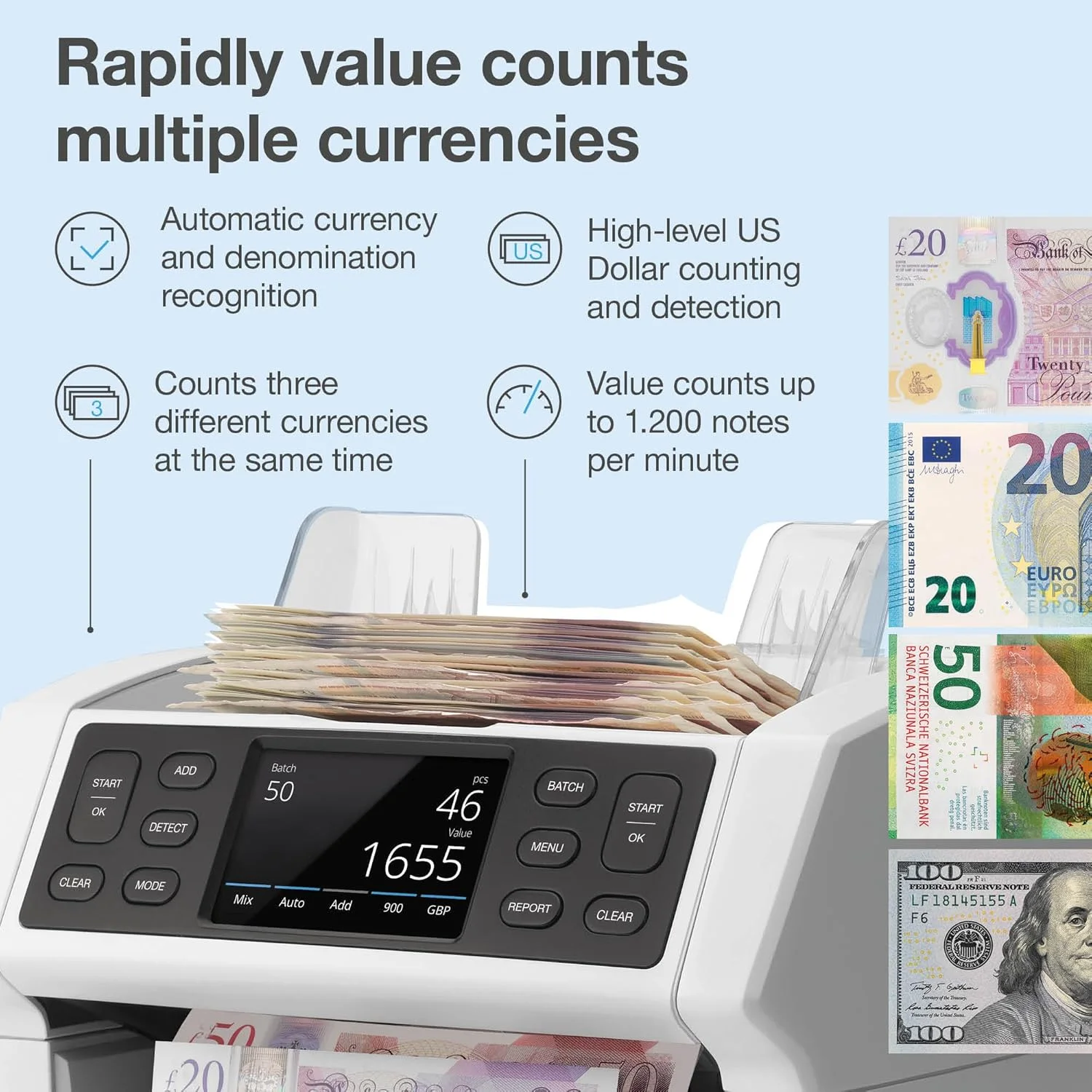 دستگاه شمارش پول Safescan 2885-S، شمارش ارزش برای اسکناس های مختلط از جمله دلار آمریکا - شمارنده اسکناس با بررسی اصالت 7x - دستگاه شمارش پول با رابط کاربری چند زبانه