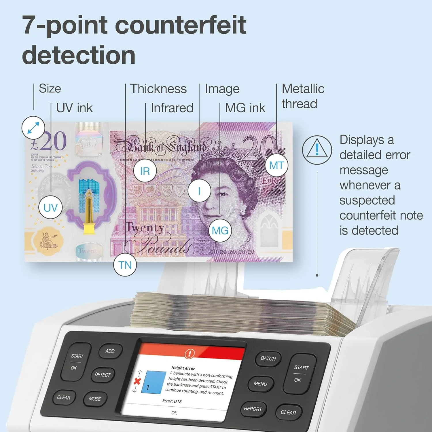 دستگاه شمارش پول Safescan 2885-S، شمارش ارزش برای اسکناس های مختلط از جمله دلار آمریکا - شمارنده اسکناس با بررسی اصالت 7x - دستگاه شمارش پول با رابط کاربری چند زبانه