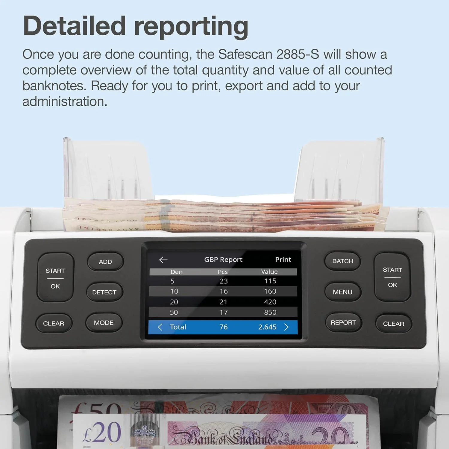 دستگاه شمارش پول Safescan 2885-S، شمارش ارزش برای اسکناس های مختلط از جمله دلار آمریکا - شمارنده اسکناس با بررسی اصالت 7x - دستگاه شمارش پول با رابط کاربری چند زبانه