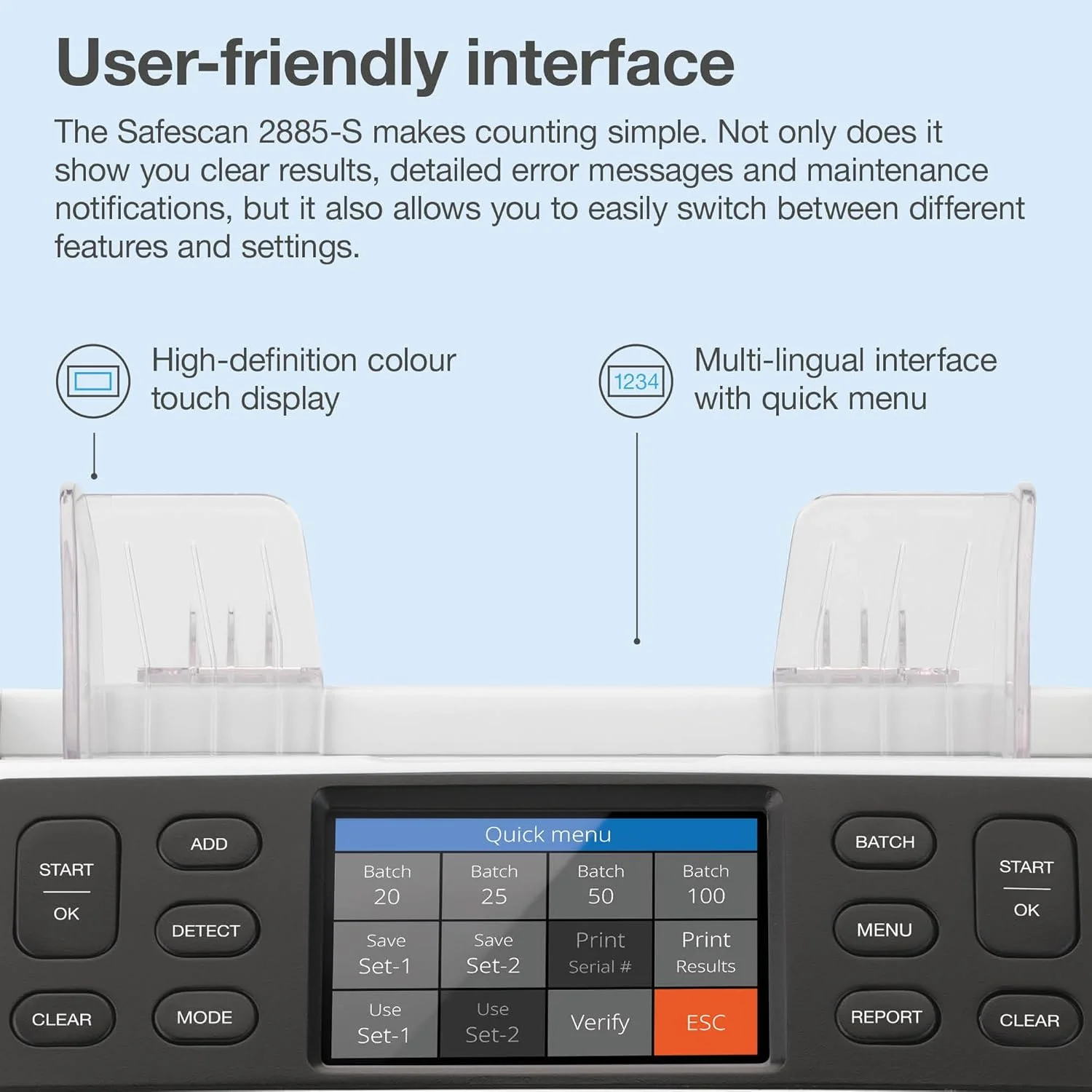 دستگاه شمارش پول Safescan 2885-S، شمارش ارزش برای اسکناس های مختلط از جمله دلار آمریکا - شمارنده اسکناس با بررسی اصالت 7x - دستگاه شمارش پول با رابط کاربری چند زبانه