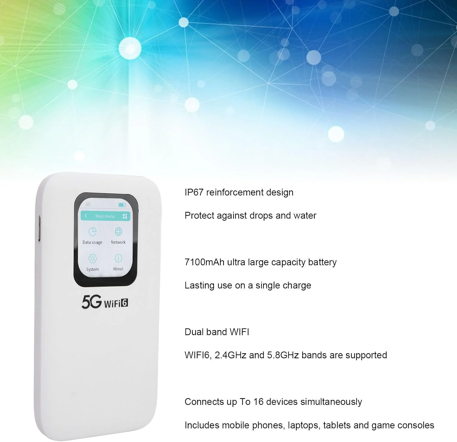 روتر وای فای 5G قابل حمل Bewinner، تا 16 دستگاه، سرعت بالا، اتصال مداوم، طراحی تقویت شده IP67، نانو سیم کارت، WiFi6، صفحه نمایش لمسی 2.01 اینچی، مناسب برای مسافرت روتر وای فای 5G قابل حمل Bewinner، تا 16 دستگاه، سرعت بالا، اتصال مداوم، طراحی تقویت شده IP67، نانو سیم کارت، WiFi6، صفحه نمایش لمسی 2.01 اینچی، مناسب برای مسافرت