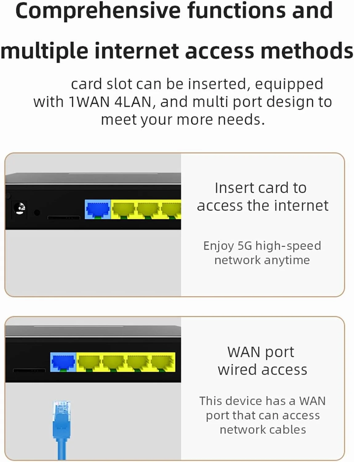 روتر وای فای 5G Bewinner با اسلات سیم کارت، مودم 5G بی سیم روتر CPE با سرعت 1000 مگابیت بر ثانیه، روتر وای فای 6 شبکه - دو بانده 2.4G+5.8G، 8 آنتن، برای خاورمیانه آسیا روتر وای فای 5G Bewinner با اسلات سیم کارت، مودم 5G بی سیم روتر CPE با سرعت 1000 مگابیت بر ثانیه، روتر وای فای 6 شبکه - دو بانده 2.4G+5.8G، 8 آنتن، برای خاورمیانه آسیا
