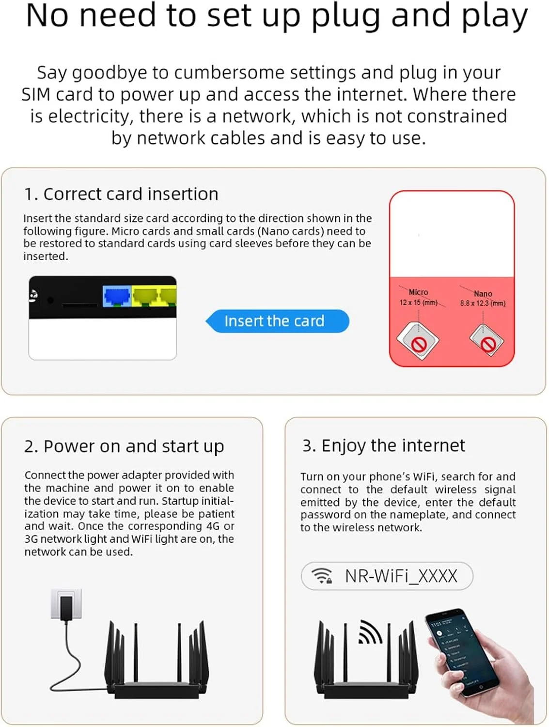 روتر وای فای 5G Bewinner با اسلات سیم کارت، مودم 5G بی سیم روتر CPE با سرعت 1000 مگابیت بر ثانیه، روتر وای فای 6 شبکه - دو بانده 2.4G+5.8G، 8 آنتن، برای خاورمیانه آسیا روتر وای فای 5G Bewinner با اسلات سیم کارت، مودم 5G بی سیم روتر CPE با سرعت 1000 مگابیت بر ثانیه، روتر وای فای 6 شبکه - دو بانده 2.4G+5.8G، 8 آنتن، برای خاورمیانه آسیا
