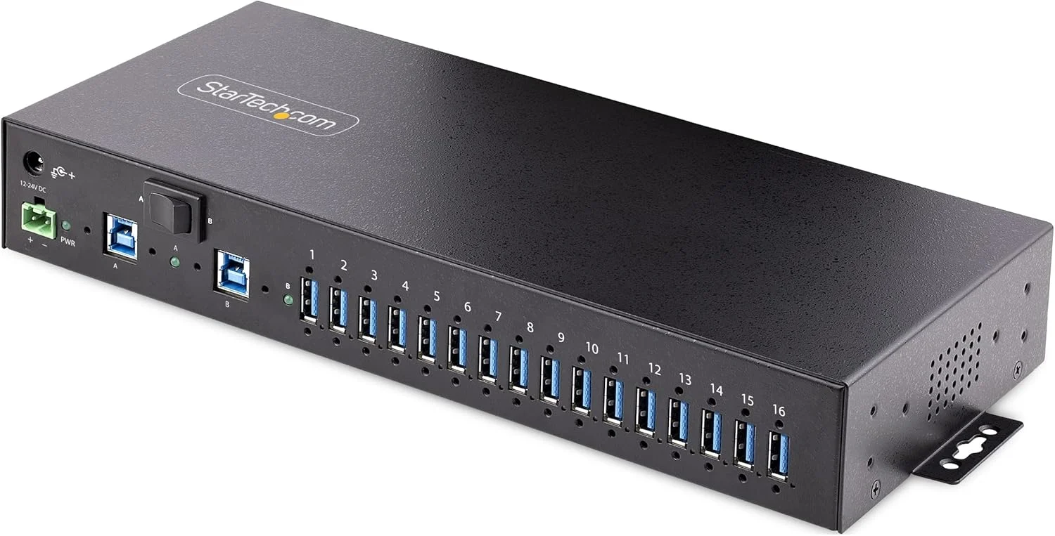 هاب صنعتی 16 پورت USB 3.0 استار تک با سرعت 5 گیگابیت بر ثانیه، بدنه فلزی، قابل نصب روی DIN/سطح/رک، محافظت در برابر ESD، تغذیه از طریق ترمینال بلاک، شارژ USB مشترک تا 120 وات، هاب/سوئیچ دوگانه (5G16AINDS-USB-A-HUB)