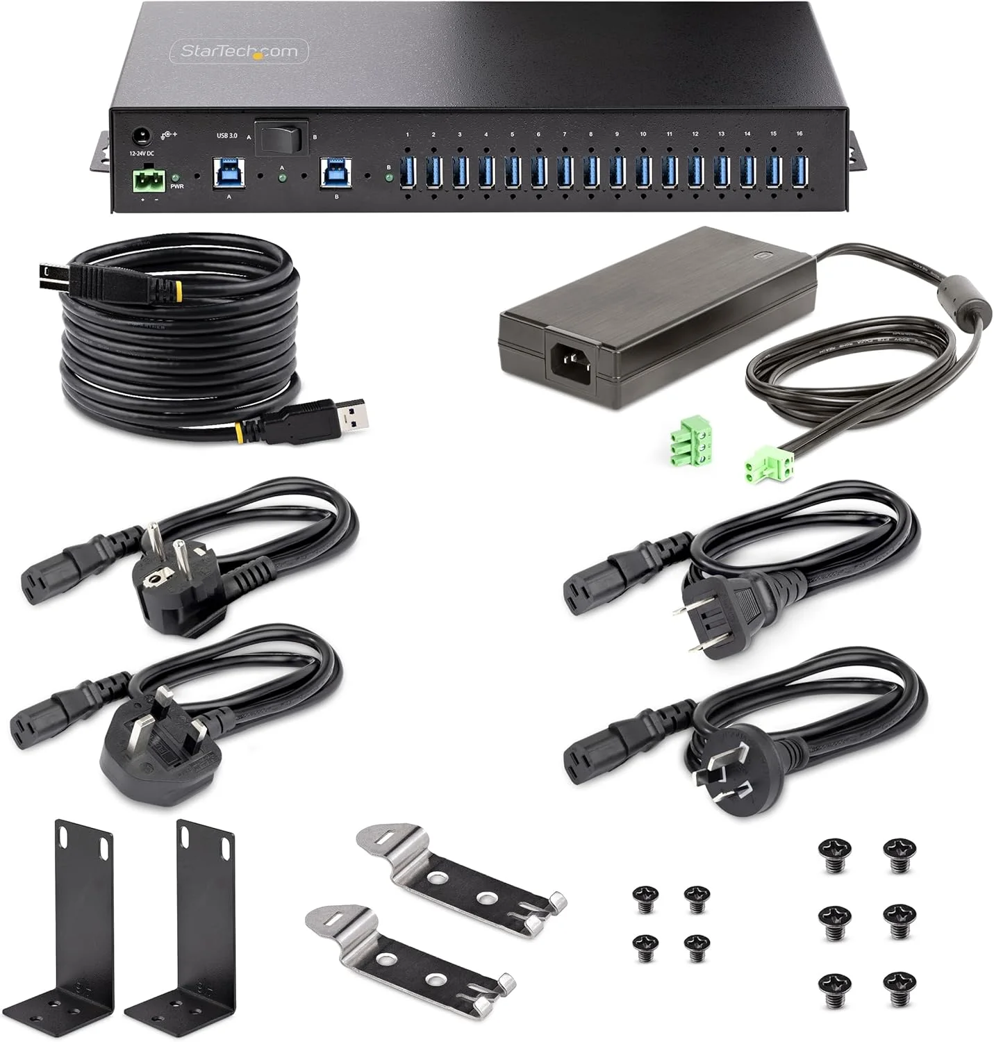 هاب صنعتی 16 پورت USB 5Gbps استار تک با آداپتور برق، فلزی، قابل نصب روی DIN/سطح/رک، هاب/سوئیچ دوگانه میزبان