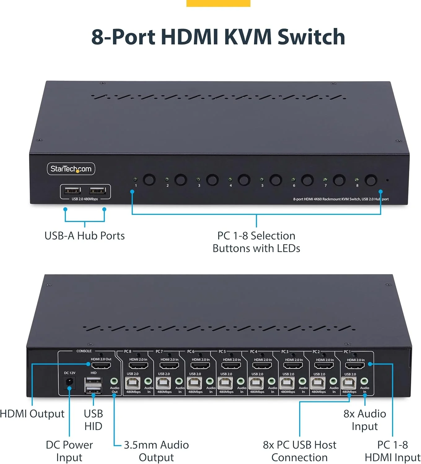 سوئیچ KVM هشت پورت HDMI استار تک با کیت نصب رک 1U، 4K 60Hz HDMI 2.0، تعویض دکمه فشاری/کلید میانبر، سازگار با TAA