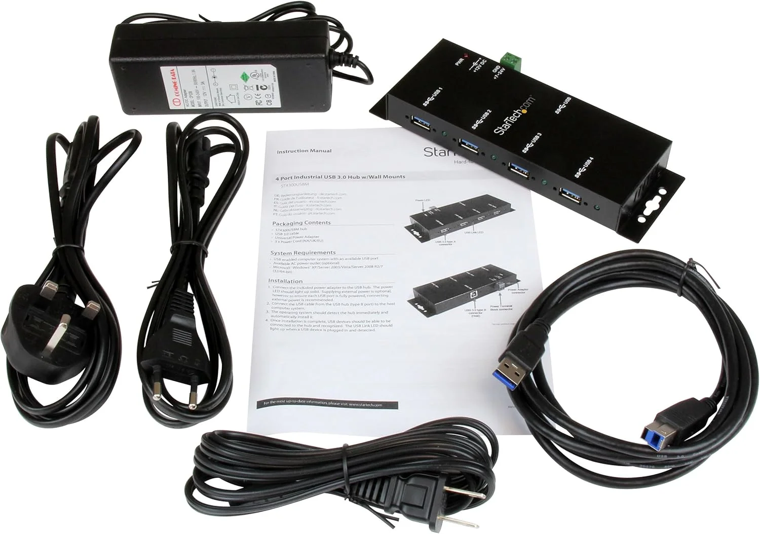 هاب USB 3.0 چهار پورت StarTech.com - هاب توسعه USB صنعتی با محافظت ESD - سازگار با TAA - هاب USB فلزی قابل نصب (ST4300USBM)، مشکی