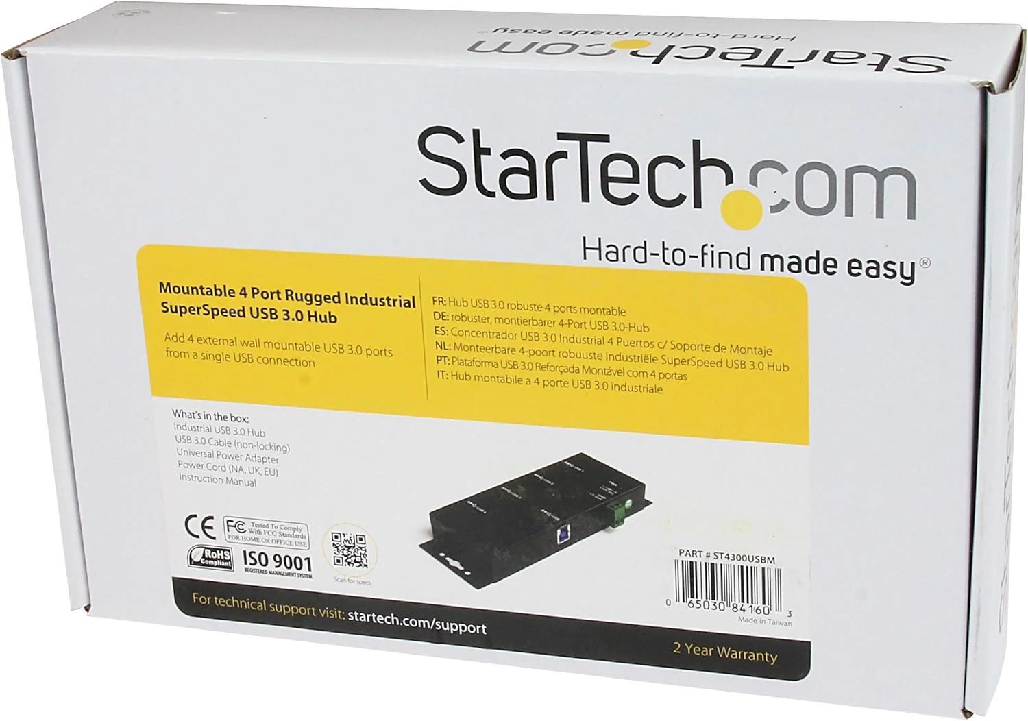 هاب USB 3.0 چهار پورت StarTech.com - هاب توسعه USB صنعتی با محافظت ESD - سازگار با TAA - هاب USB فلزی قابل نصب (ST4300USBM)، مشکی
