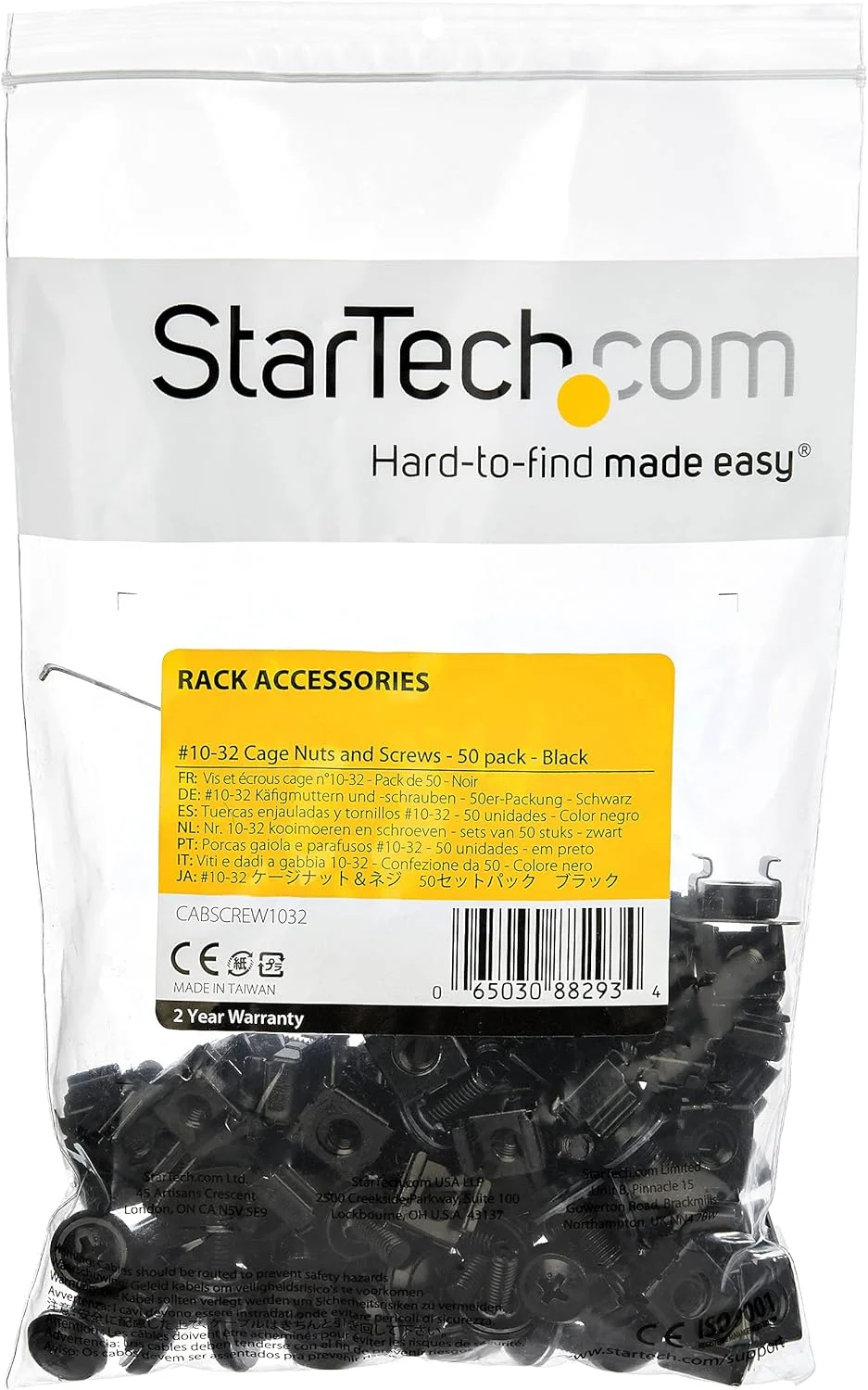 بسته 50 عددی مهره و پیچ قفسه سرور StarTech.com 10-32 به همراه واشر - کیت سخت افزاری نصب رک - مهره و پیچ گیره ای/اسیر کابینت تجهیزات شبکه/IT برای سوراخ های مربعی - مشکی - TAA (CABSCREW1032)