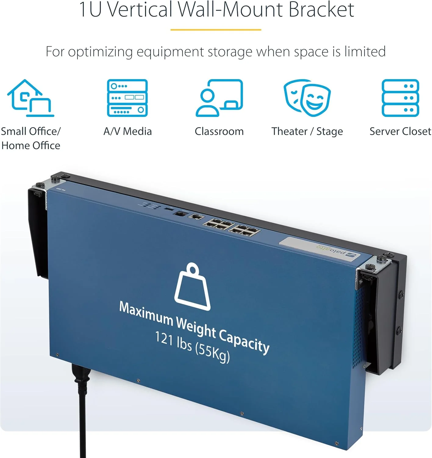 براکت دیواری عمودی 1U StarTech.com برای تجهیزات قابل نصب در رک 19 اینچی، ظرفیت 55 کیلوگرم/121 پوند، برای پچ پنل ها/سرورها