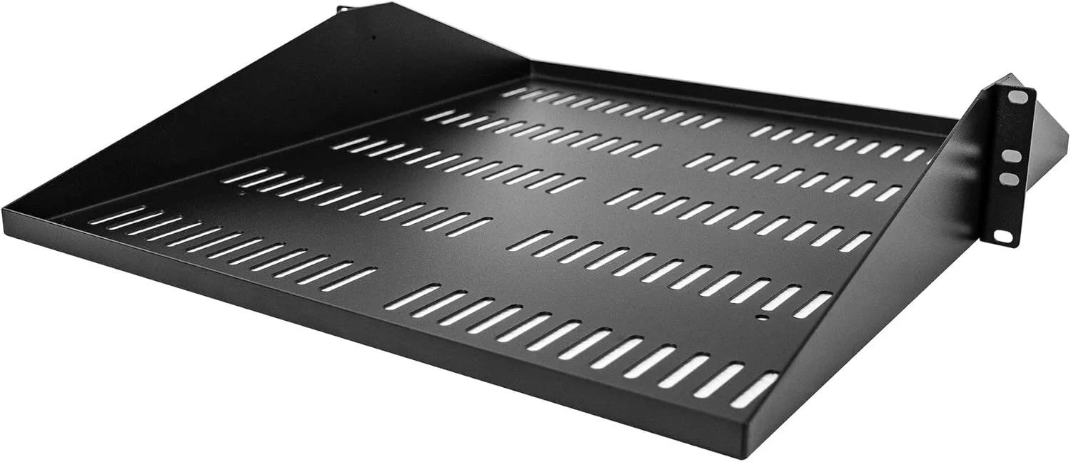 قفسه رک سرور 2U StarTech.com، سینی کنسولی تهویه دار جهانی با نصب مرکزی برای رک تجهیزات شبکه 19 اینچی، فولاد سنگین، ظرفیت 200 پوند، عمق 20 اینچ، مشکی (SHELF-2U-20-CENTER-V)