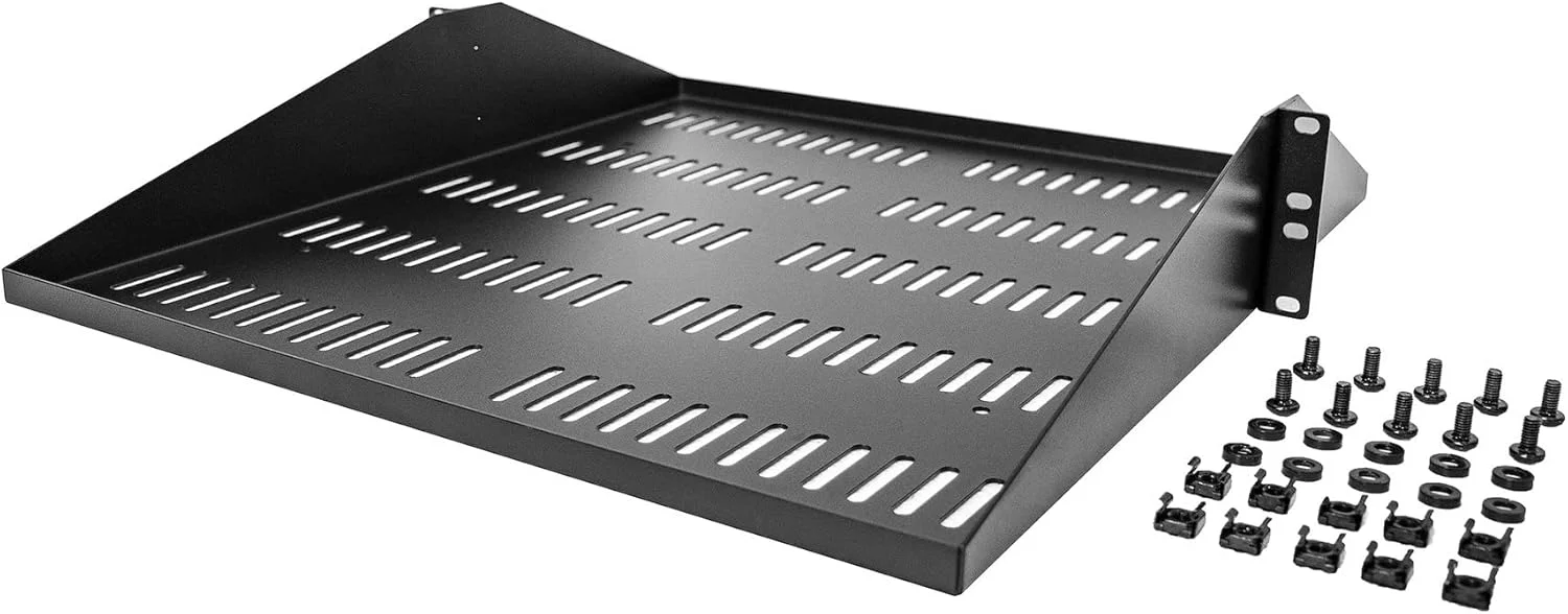 قفسه رک سرور 2U StarTech.com، سینی کنسولی تهویه دار جهانی با نصب مرکزی برای رک تجهیزات شبکه 19 اینچی، فولاد سنگین، ظرفیت 200 پوند، عمق 20 اینچ، مشکی (SHELF-2U-20-CENTER-V)