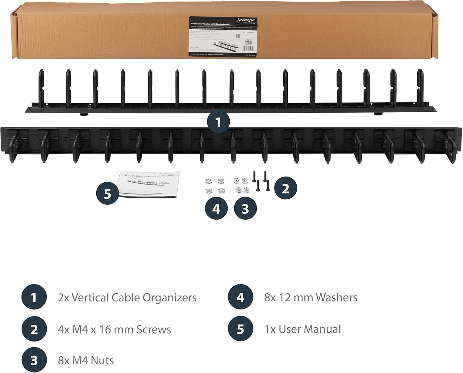 مدیریت کابل رک سرور عمودی 40U StarTech.com با قلاب های D-Ring - پنل های مدیریت سیم رک شبکه 40U - 2x سازمان دهنده سیم 3 فوتی (CMVER40UD)
