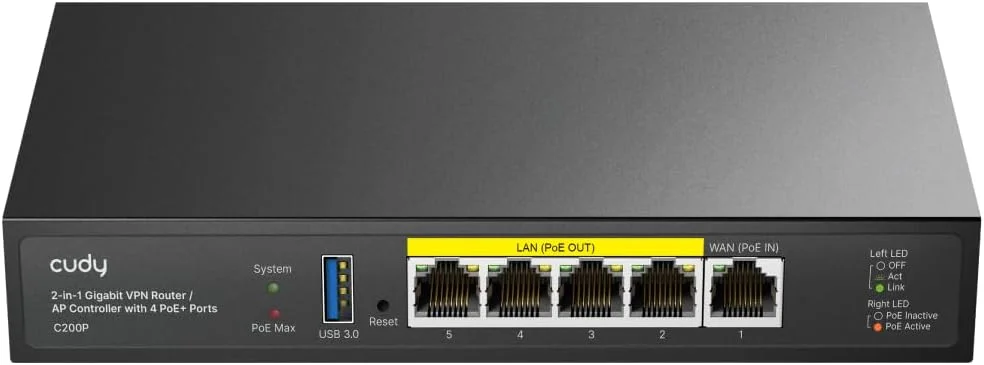 کنترلر سخت افزاری AP و روتر VPN Cudy C200P، تغذیه از طریق PoE یا DC، مدیریت تا 10 نقطه دسترسی، پورتال اسیر، پورت USB 3.0، نظارت و نگهداری آسان و هوشمند شبکه