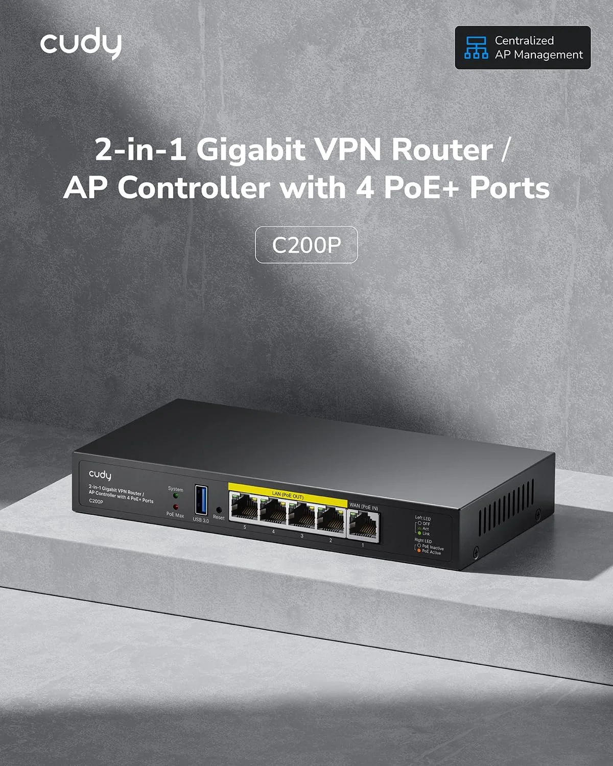 کنترلر سخت افزاری AP و روتر VPN Cudy C200P، تغذیه از طریق PoE یا DC، مدیریت تا 10 نقطه دسترسی، پورتال اسیر، پورت USB 3.0، نظارت و نگهداری آسان و هوشمند شبکه