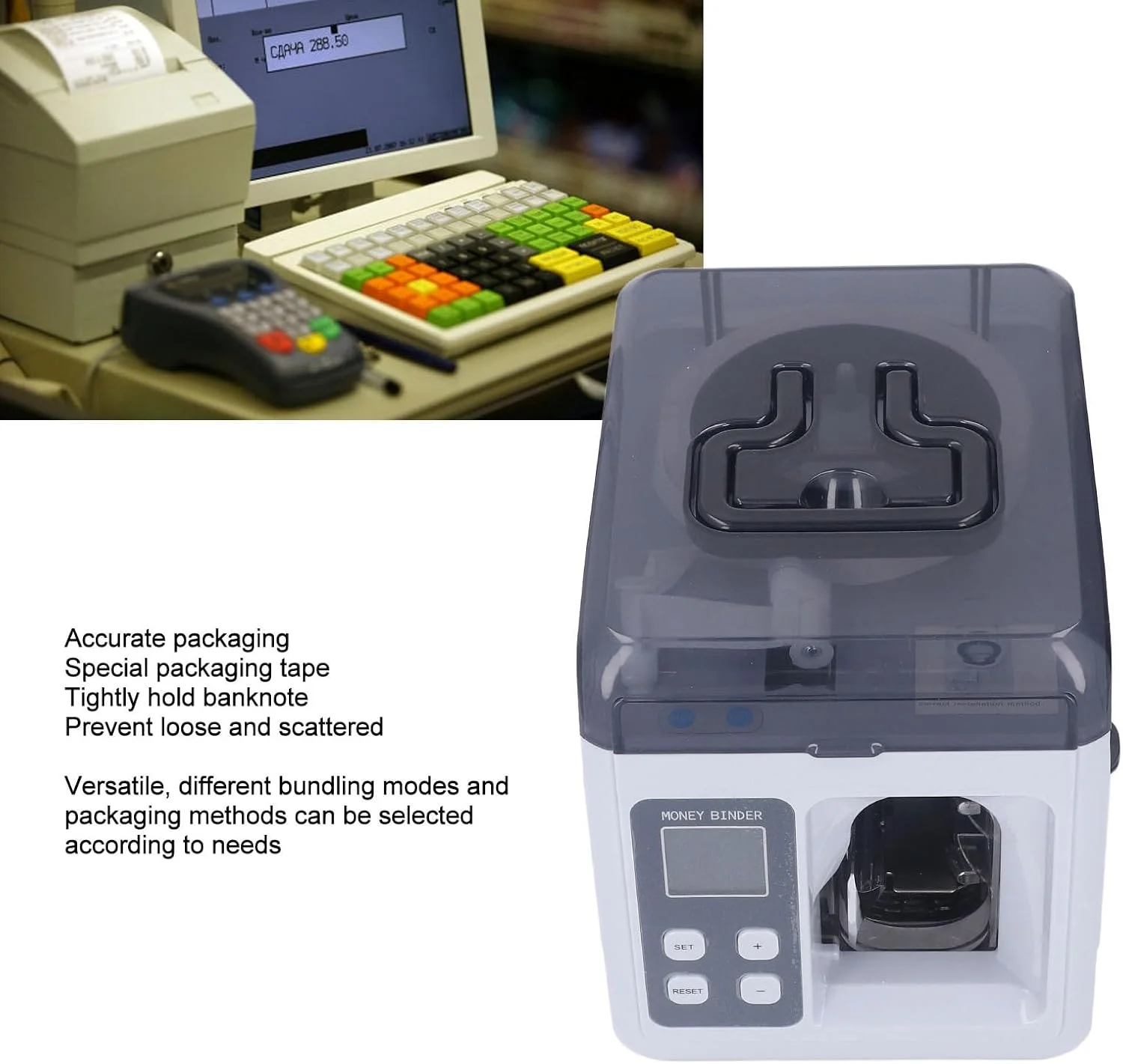 دستگاه بستهبندی اتوماتیک اسکناس Sorandy، دستگاه تسمهکشی اسکناس با نمایشگر LCD، دستگاه بستهبندی پول نقد، دستگاه بستهبندی و تسمهکشی پول برای بانک (UK) دستگاه بستهبندی اتوماتیک اسکناس Sorandy، دستگاه تسمهکشی اسکناس با نمایشگر LCD، دستگاه بستهبندی پول نقد، دستگاه بستهبندی و تسمهکشی پول برای بانک (UK)