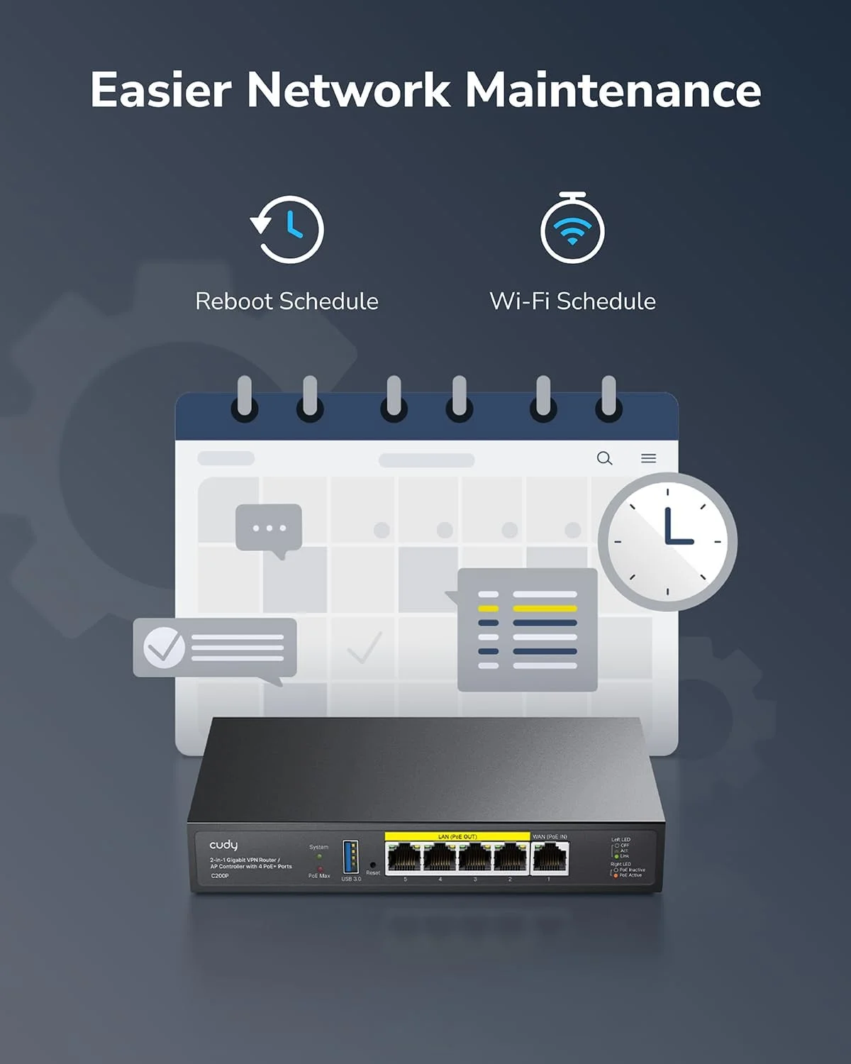کنترلر سخت افزاری AP و روتر VPN Cudy C200P، تغذیه از طریق PoE یا DC، مدیریت تا 10 نقطه دسترسی، پورتال اسیر، پورت USB 3.0، نظارت و نگهداری آسان و هوشمند شبکه