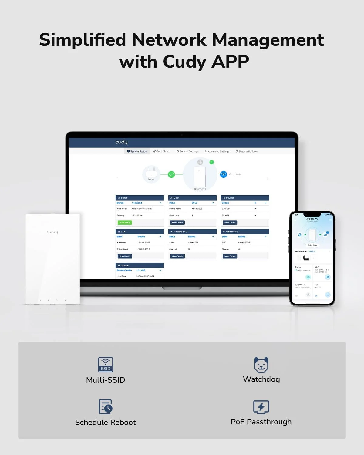 اکسس پوینت وایرلس گیگابیتی دیواری Cudy AP3000 Wall WiFi 6 AX3000، پشتیبانی از OFDMA، MU-MIMO، تغذیه از طریق PoE، کنترل از طریق اپلیکیشن Cudy یا پیکربندی وب