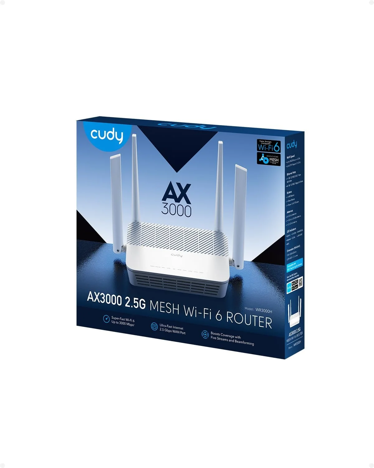 روتر مش وای فای 6 دو بانده Cudy AX3000 Multi Gigabit، پورت WAN RJ45 2.5 گیگابیتی، 4 پورت RJ45 گیگابیتی، 4 آنتن 5dBi، MU-MIMO، OpenVPN، Wireguard، Zerotier، Ipsec VPN، برنامه Cloud