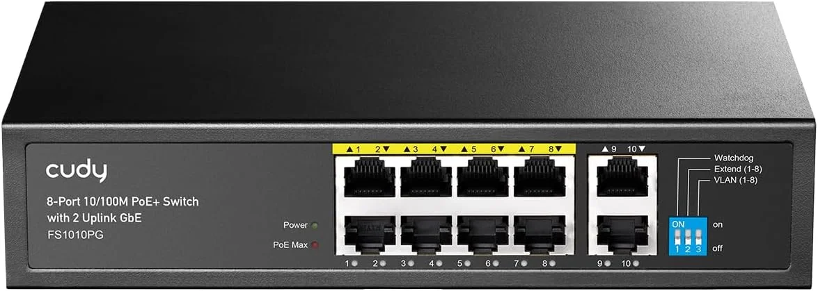 سوییچ 8 پورت PoE+ کودی با 2 پورت آپلینک گیگابیتی 120W، 8 پورت PoE+ 10/100Mbps@120W، حالت توسعه/VLAN، استاندارد 802.3af/at، بدون فن، Watchdog، Plug and Play FS1010PG