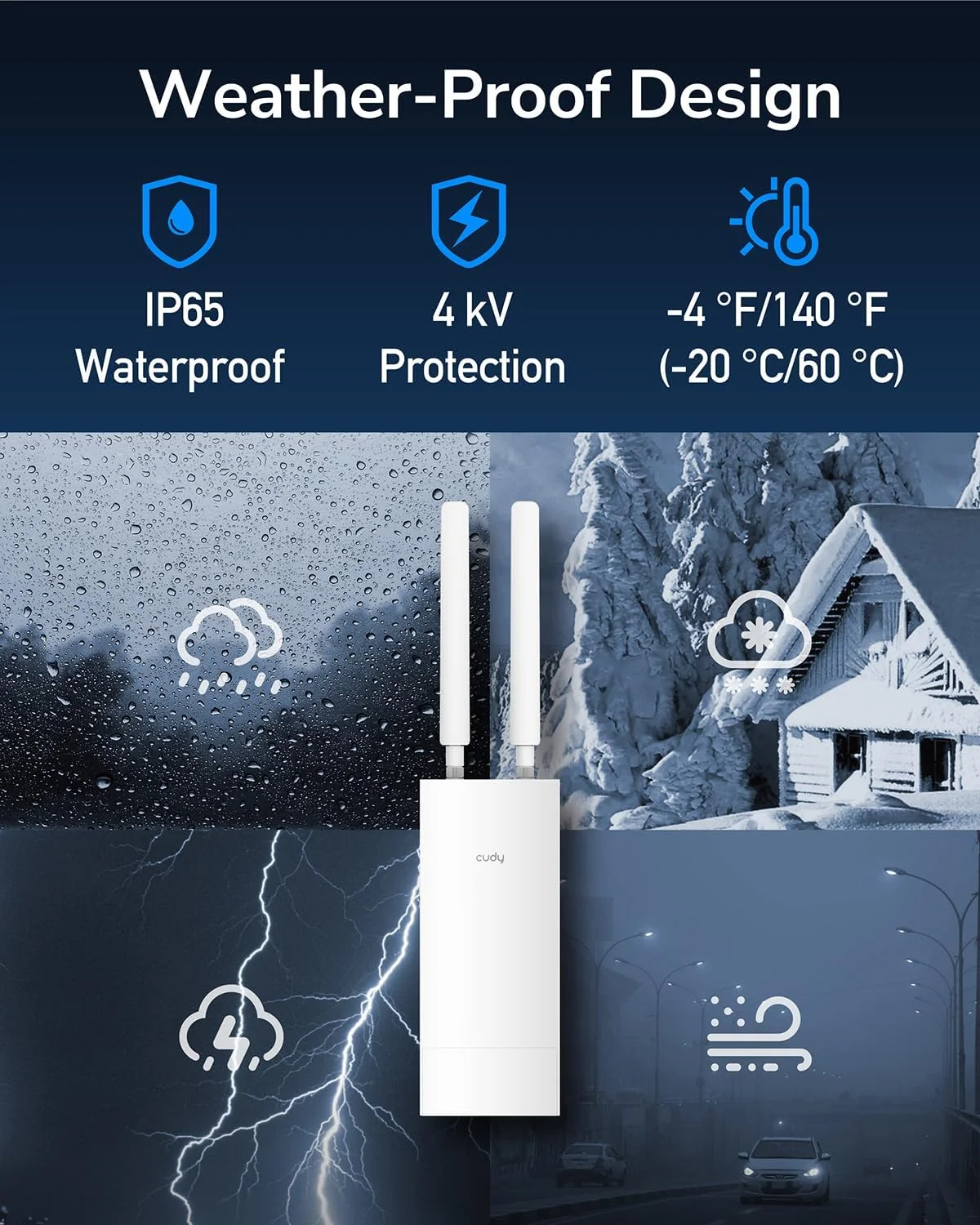 مودم روتر 4G LTE Cat 4 بیرونی آنلاک Cudy، AC1200، IP65، آنتن های جداشدنی، PoE غیرفعال، نصب روی میله یا دیوار، VPN، LT500 Outdoor