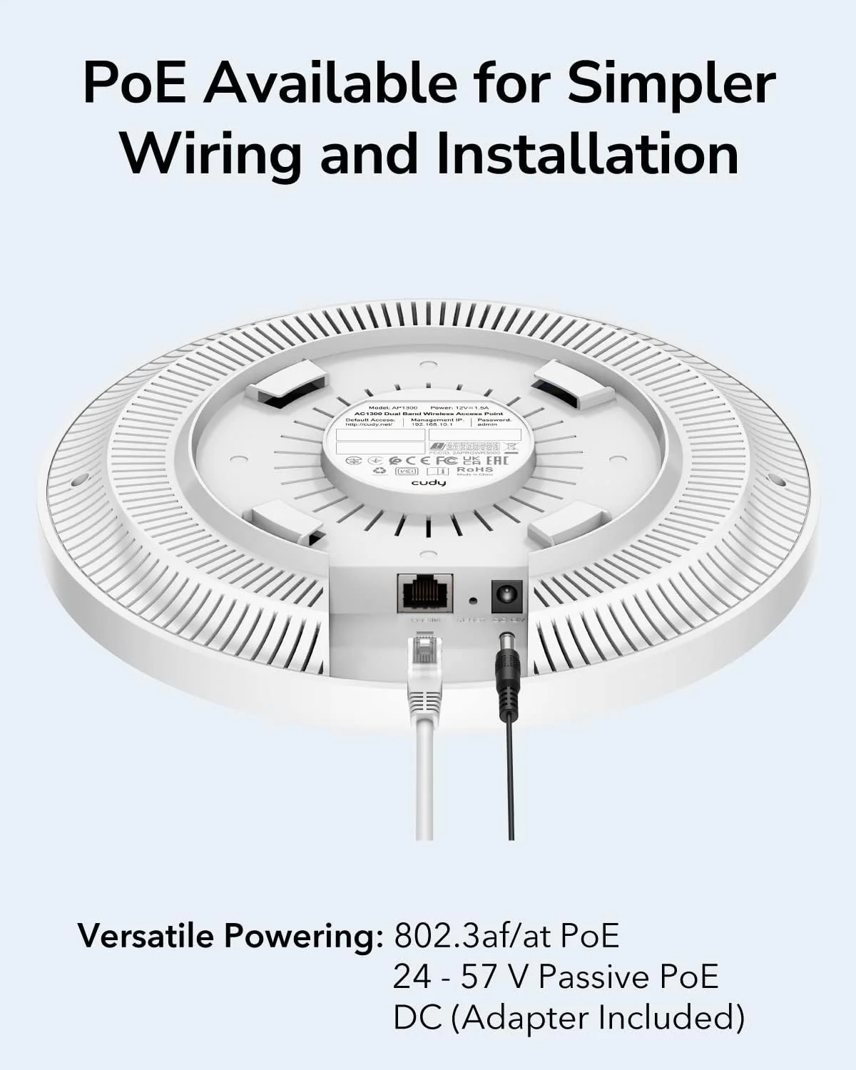 اکسس پوینت بی‌سیم گیگابیتی Cudy AC1200، گیگابیت RJ45، راهکار وای‌فای تجاری با پشتیبانی از Mesh، Beamforming، رومینگ یکپارچه، MU-MIMO، تغذیه از طریق PoE یا DC، آداپتور برق 12 ولت DC شامل، AP1300