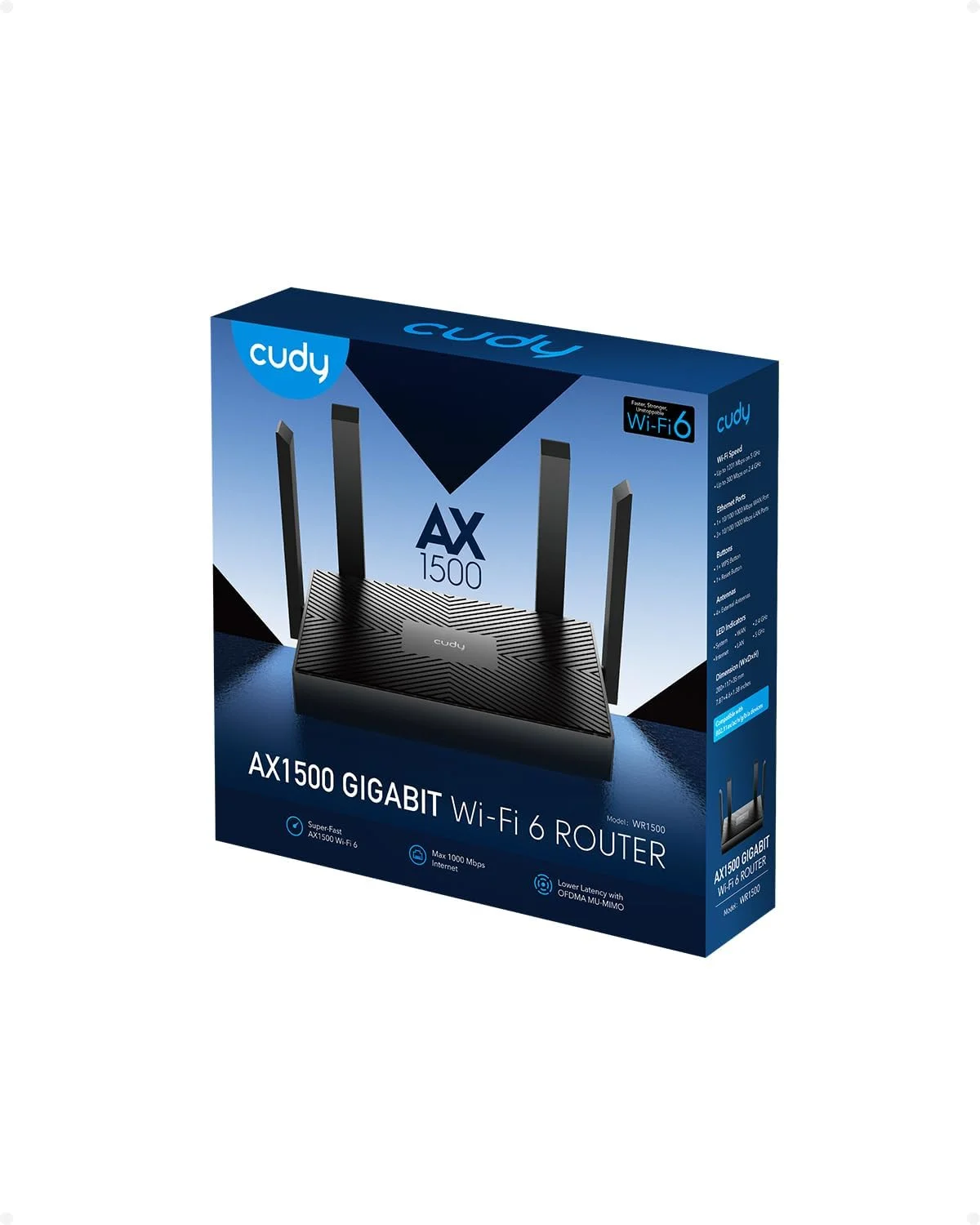 مودم روتر وای فای 6 دو بانده Cudy AX1500، روتر اینترنت 802.11ax، اکسس پوینت، 4 آنتن 5dBi، MU-MIMO، Beamforming، OFDMA، WPA3، WR1500 مودم روتر وای فای 6 دو بانده Cudy AX1500، روتر اینترنت 802.11ax، اکسس پوینت، 4 آنتن 5dBi، MU-MIMO، Beamforming، OFDMA، WPA3، WR1500