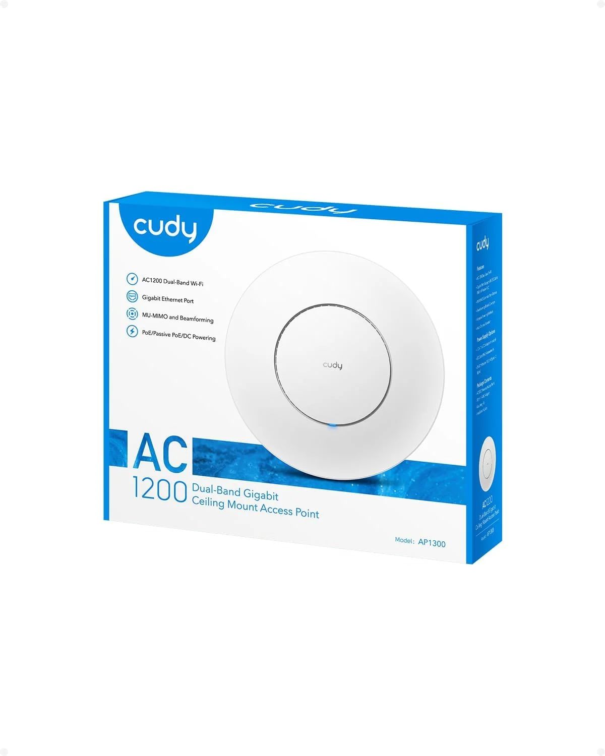 اکسس پوینت بی‌سیم گیگابیتی Cudy AC1200، گیگابیت RJ45، راهکار وای‌فای تجاری با پشتیبانی از Mesh، Beamforming، رومینگ یکپارچه، MU-MIMO، تغذیه از طریق PoE یا DC، آداپتور برق 12 ولت DC شامل، AP1300