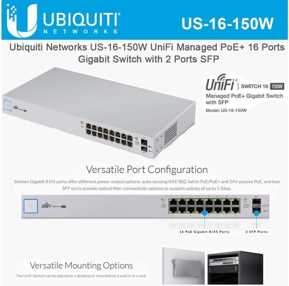 سوییچ یونیفای Ubiquiti Networks US-16-150W با 16 پورت و توان 150 وات، 24 ولت، 802.3af/at PoE