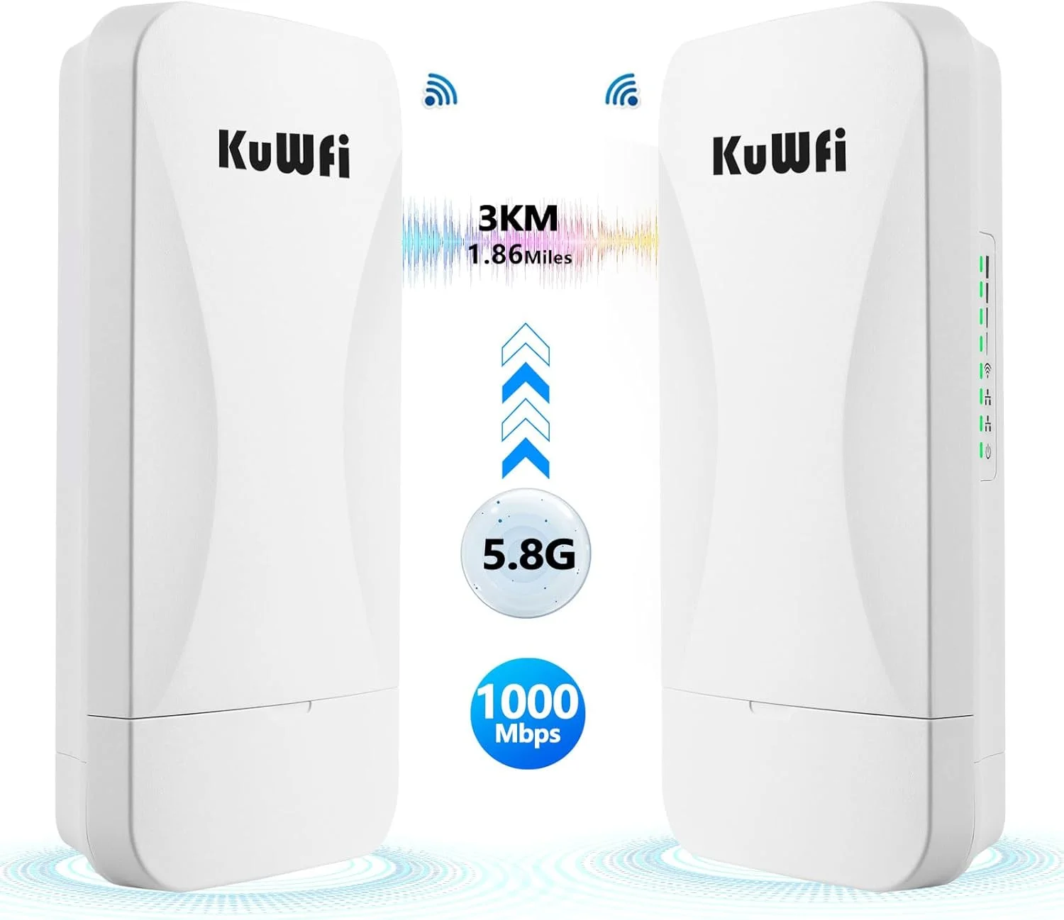 پل بی‌سیم گیگابیتی نقطه به نقطه KuWFi 5.8G 900Mbps پورت‌های LAN 1Gbs برد بلند CPE گسترش شبکه بیرونی 3KM/1.86 مایل برای فروشگاه، انبار، مزرعه و اتصال دوربین مداربسته