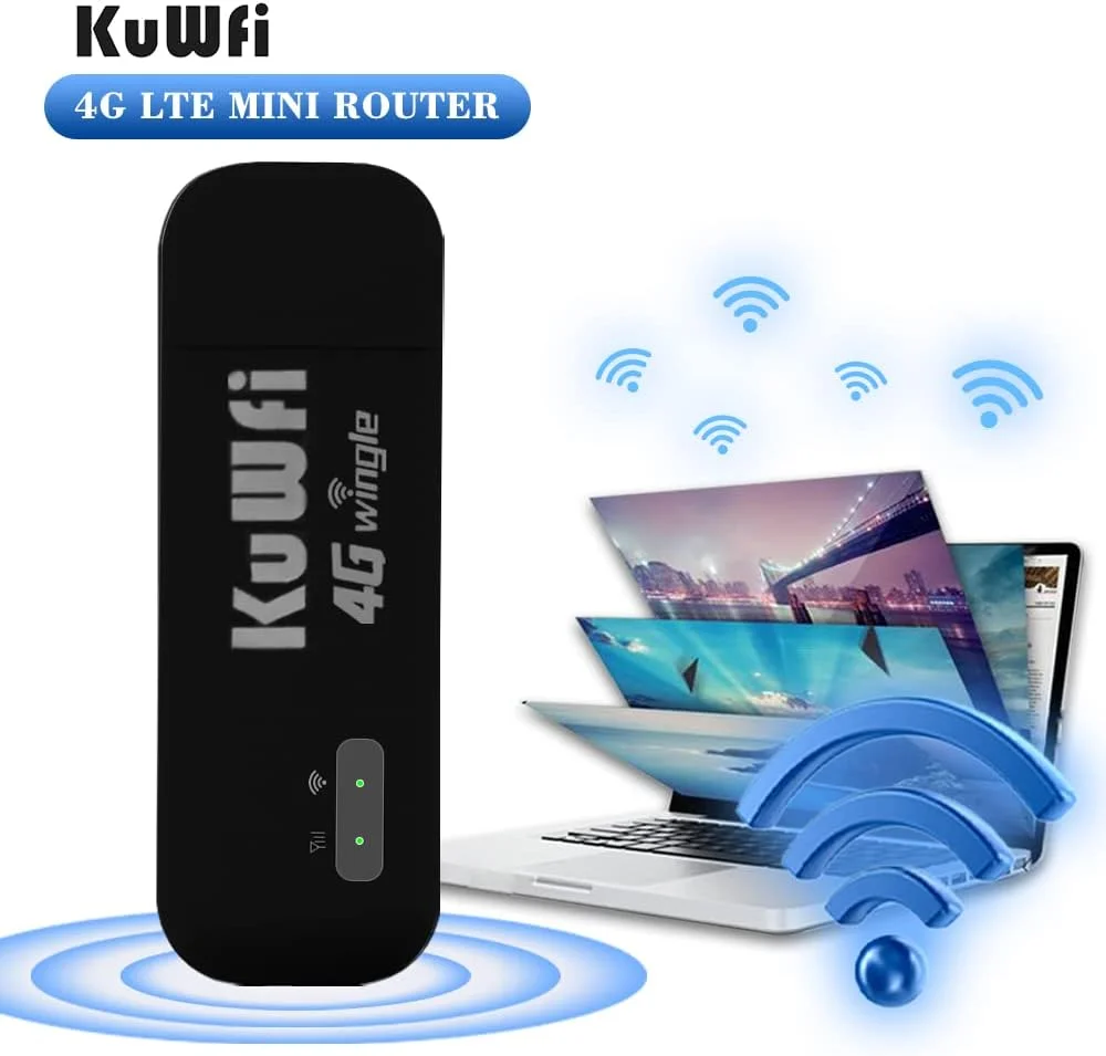 مودم وای فای 4G KuWFi، دانگل وای فای موبایل USB 150 مگابیت بر ثانیه با اسلات سیم کارت، روتر هات اسپات شبکه قابل حمل کوچک و جیبی برای سفر به اروپا و خاورمیانه