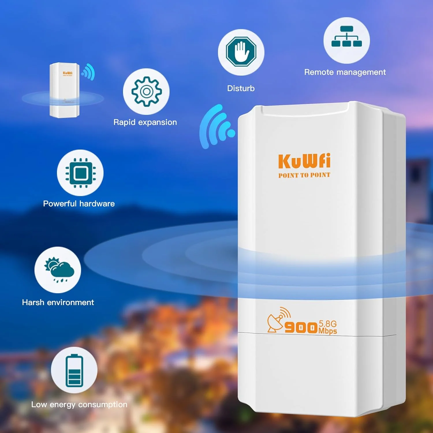 اکسس پوینت بیرونی KuWFi با سرعت 900 مگابیت بر ثانیه، وای فای 5.8 گیگاهرتز، پل بی سیم CPE با آنتن وای فای بیرونی 12dBi، پشتیبانی از راه حل انتقال 2-3 کیلومتر برای PTP/PTMP، وای فای نقطه به نقطه برای دوربین مداربسته