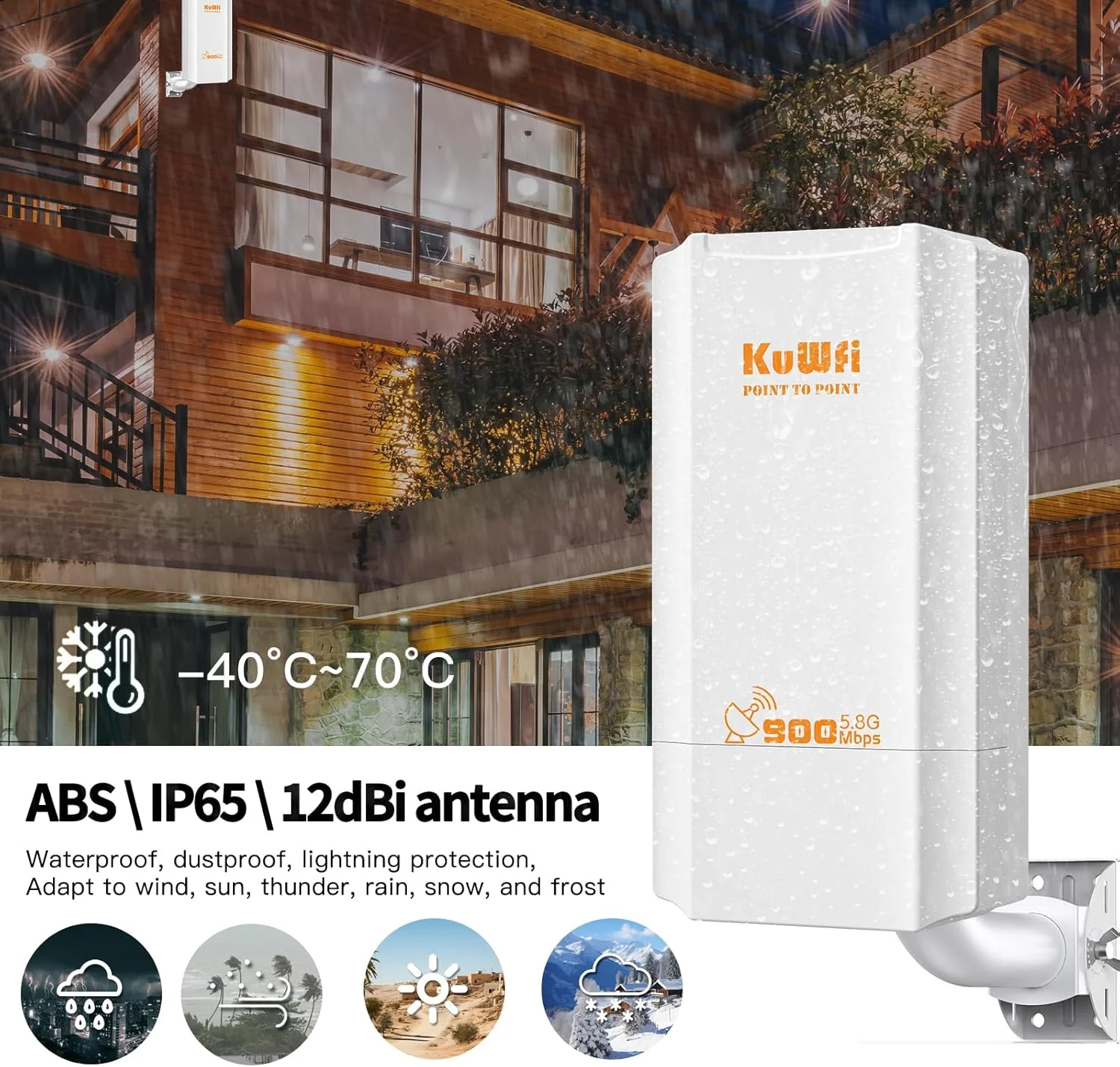 اکسس پوینت بیرونی KuWFi با سرعت 900 مگابیت بر ثانیه، وای فای 5.8 گیگاهرتز، پل بی سیم CPE با آنتن وای فای بیرونی 12dBi، پشتیبانی از راه حل انتقال 2-3 کیلومتر برای PTP/PTMP، وای فای نقطه به نقطه برای دوربین مداربسته
