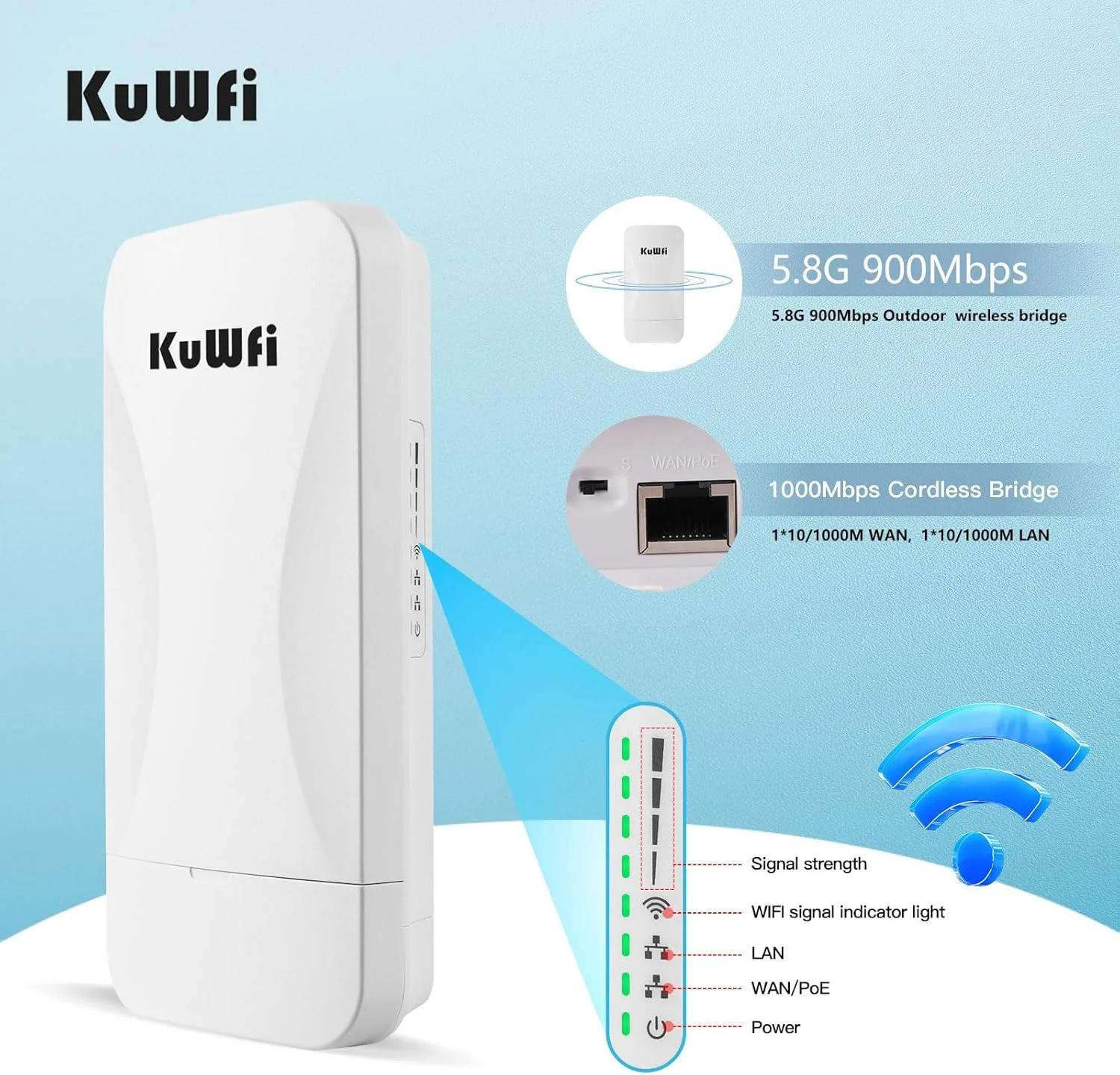 پل بیسیم گیگابیتی نقطه به نقطه KuWFi 5.8G 900Mbps پورتهای LAN 1Gbs برد بلند CPE گسترش شبکه بیرونی 3KM/1.86 مایل برای فروشگاه، انبار، مزرعه و اتصال دوربین مداربسته پل بیسیم گیگابیتی نقطه به نقطه KuWFi 5.8G 900Mbps پورتهای LAN 1Gbs برد بلند CPE گسترش شبکه بیرونی 3KM/1.86 مایل برای فروشگاه، انبار، مزرعه و اتصال دوربین مداربسته