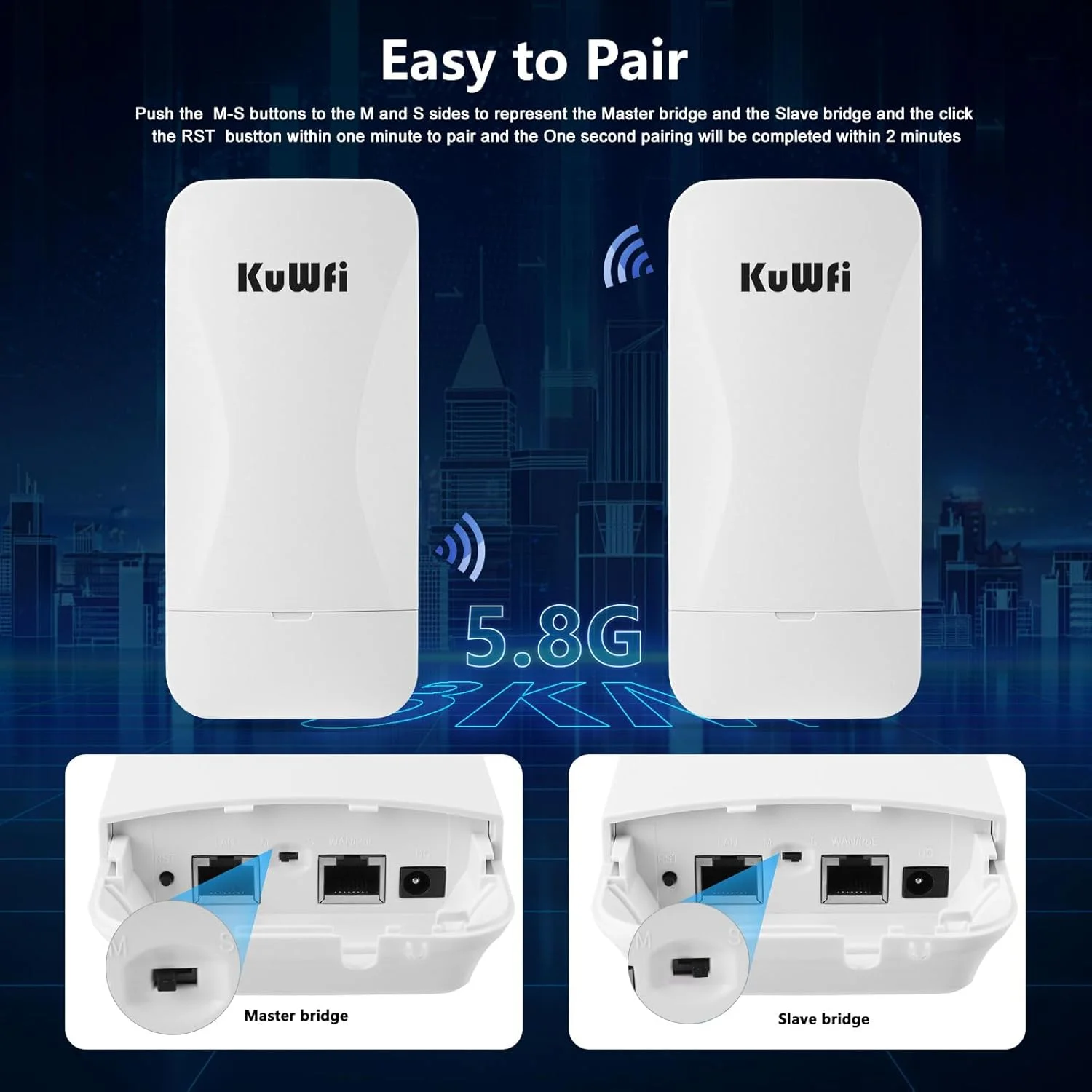 پل بیسیم گیگابیتی نقطه به نقطه KuWFi 5.8G 900Mbps پورتهای LAN 1Gbs برد بلند CPE گسترش شبکه بیرونی 3KM/1.86 مایل برای فروشگاه، انبار، مزرعه و اتصال دوربین مداربسته پل بیسیم گیگابیتی نقطه به نقطه KuWFi 5.8G 900Mbps پورتهای LAN 1Gbs برد بلند CPE گسترش شبکه بیرونی 3KM/1.86 مایل برای فروشگاه، انبار، مزرعه و اتصال دوربین مداربسته