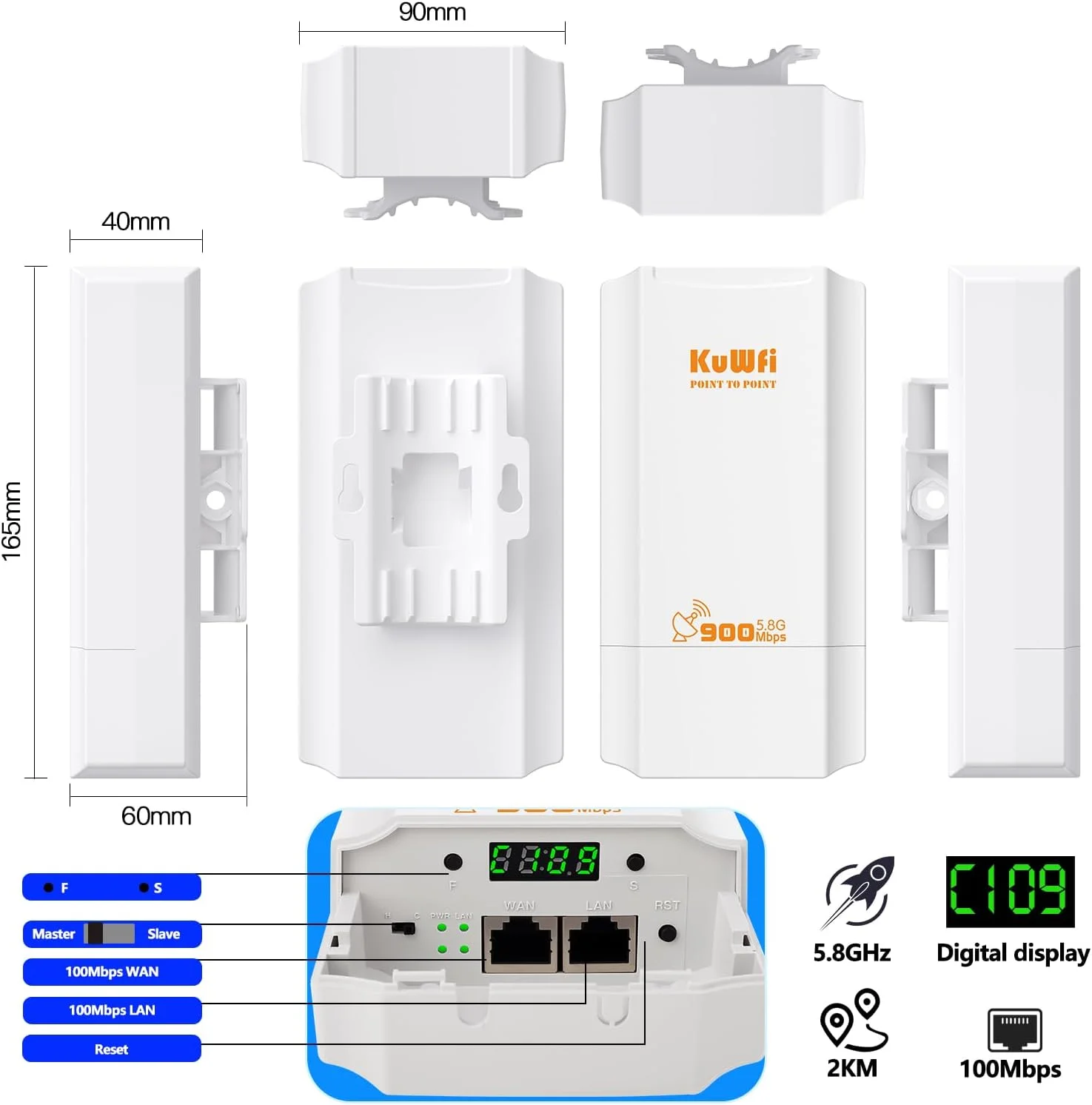 اکسس پوینت بیرونی KuWFi با سرعت 900 مگابیت بر ثانیه، وای فای 5.8 گیگاهرتز، پل بی سیم CPE با آنتن وای فای بیرونی 12dBi، پشتیبانی از راه حل انتقال 2-3 کیلومتر برای PTP/PTMP، وای فای نقطه به نقطه برای دوربین مداربسته