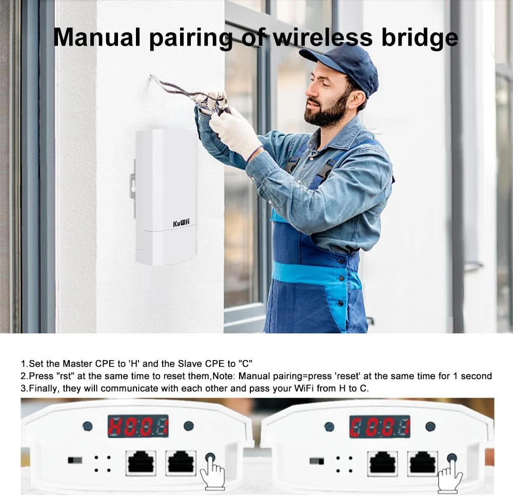 پل وایرلس برد بلند KuWFi نقطه به نقطه، اکسس پوینت 2.4G 300Mbps داخلی/خارجی (از قبل برنامه ریزی شده)