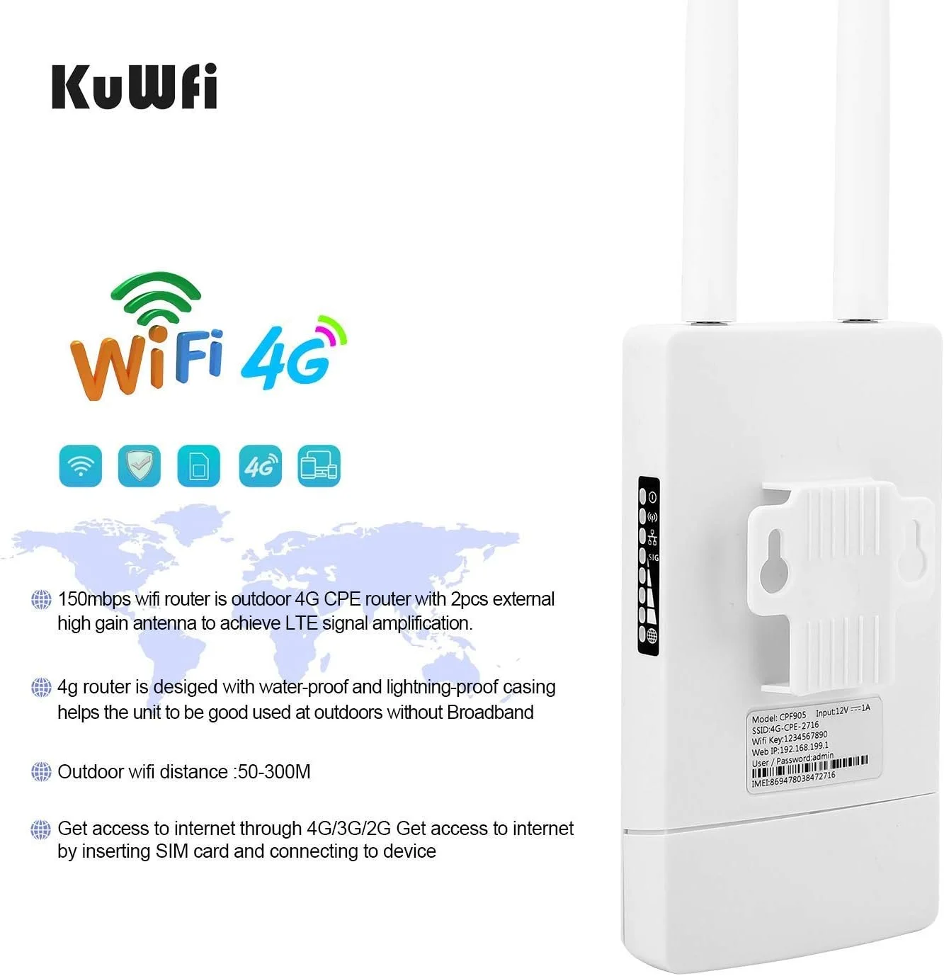 روتر بیرونی 4G LTE CPE KuWFi با اسلات سیم کارت 150 مگابیت بر ثانیه CAT4، نقطه دسترسی اینترنت وای فای بی سیم، 2 عدد آنتن، هات اسپات بی سیم وای فای، دستگاه های کار با دوربین IP برای du/Etisalat روتر بیرونی 4G LTE CPE KuWFi با اسلات سیم کارت 150 مگابیت بر ثانیه CAT4، نقطه دسترسی اینترنت وای فای بی سیم، 2 عدد آنتن، هات اسپات بی سیم وای فای، دستگاه های کار با دوربین IP برای du/Etisalat
