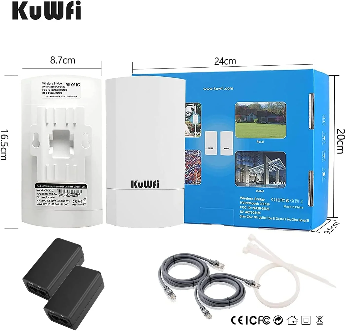 پل وایرلس برد بلند KuWFi نقطه به نقطه، اکسس پوینت 2.4G 300Mbps داخلی/خارجی (از قبل برنامه ریزی شده)