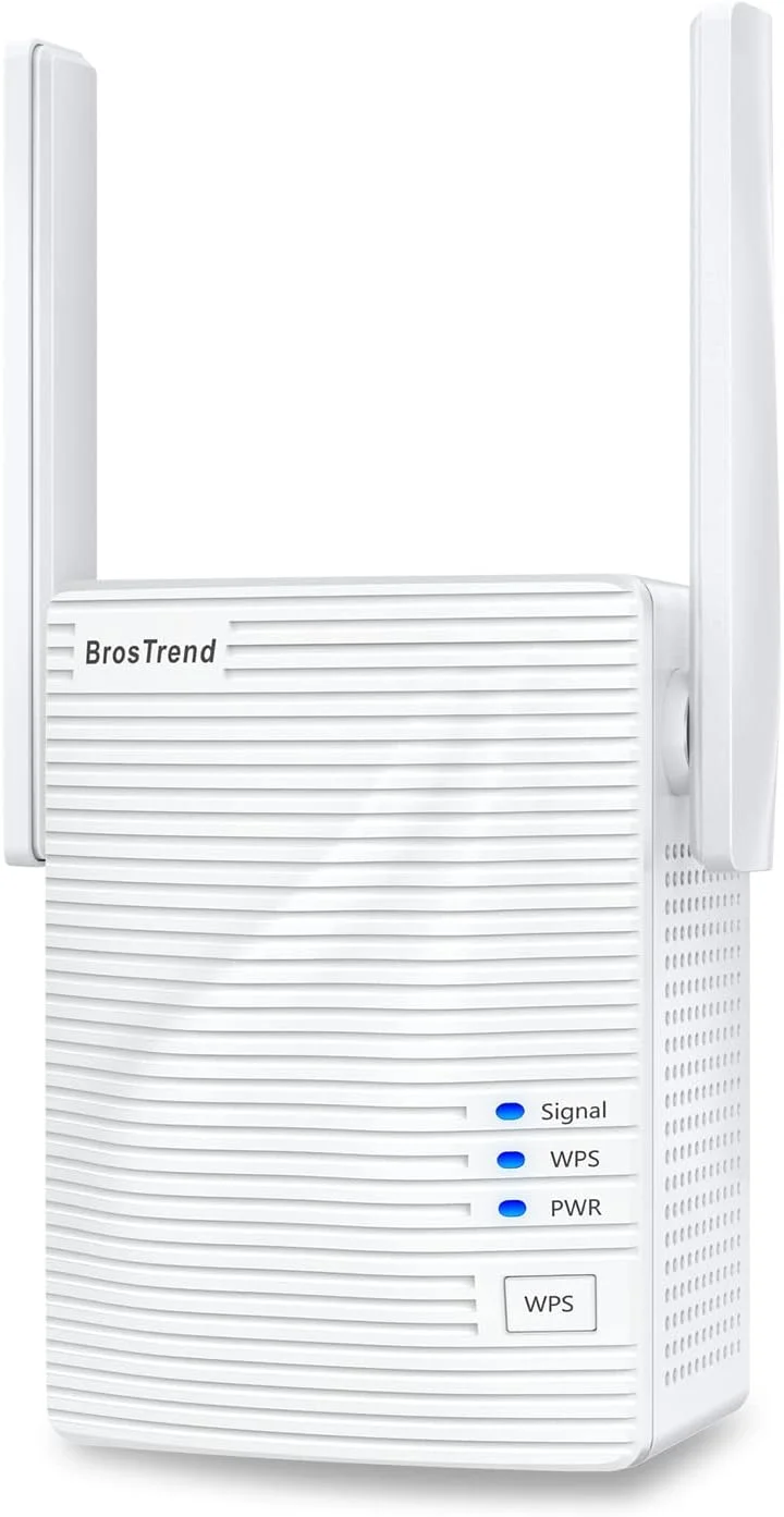تقویت کننده وای فای BrosTrend AC1200، تقویت کننده سیگنال وای فای 1200 مگابیت بر ثانیه دو بانده، تقویت کننده سیگنال بی سیم برای پوشش خانگی تا 1600 فوت مربع، نصب آسان WPS، طراحی پلاگین دیواری