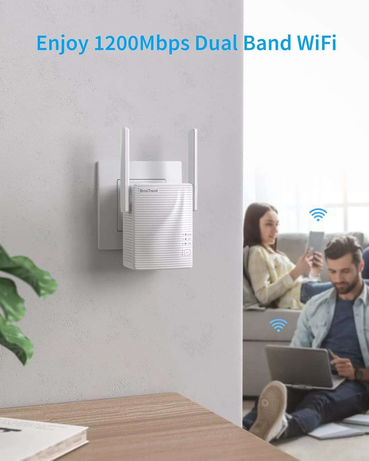 تقویت کننده وای فای BrosTrend AC1200، تقویت کننده سیگنال وای فای 1200 مگابیت بر ثانیه دو بانده، تقویت کننده سیگنال بی سیم برای پوشش خانگی تا 1600 فوت مربع، نصب آسان WPS، طراحی پلاگین دیواری