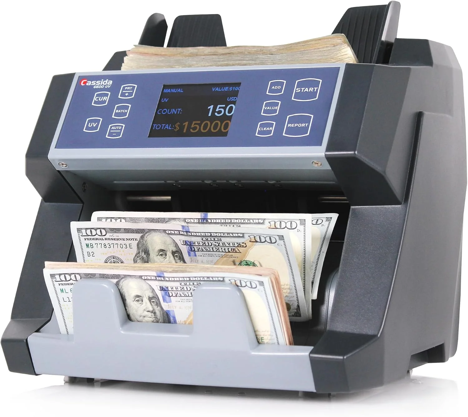 دستگاه شمارش پول تجاری کاسیدا 6600 با تشخیص اسکناس جعلی فرابنفش (UV)، نمایشگر LCD، چند رنگ
