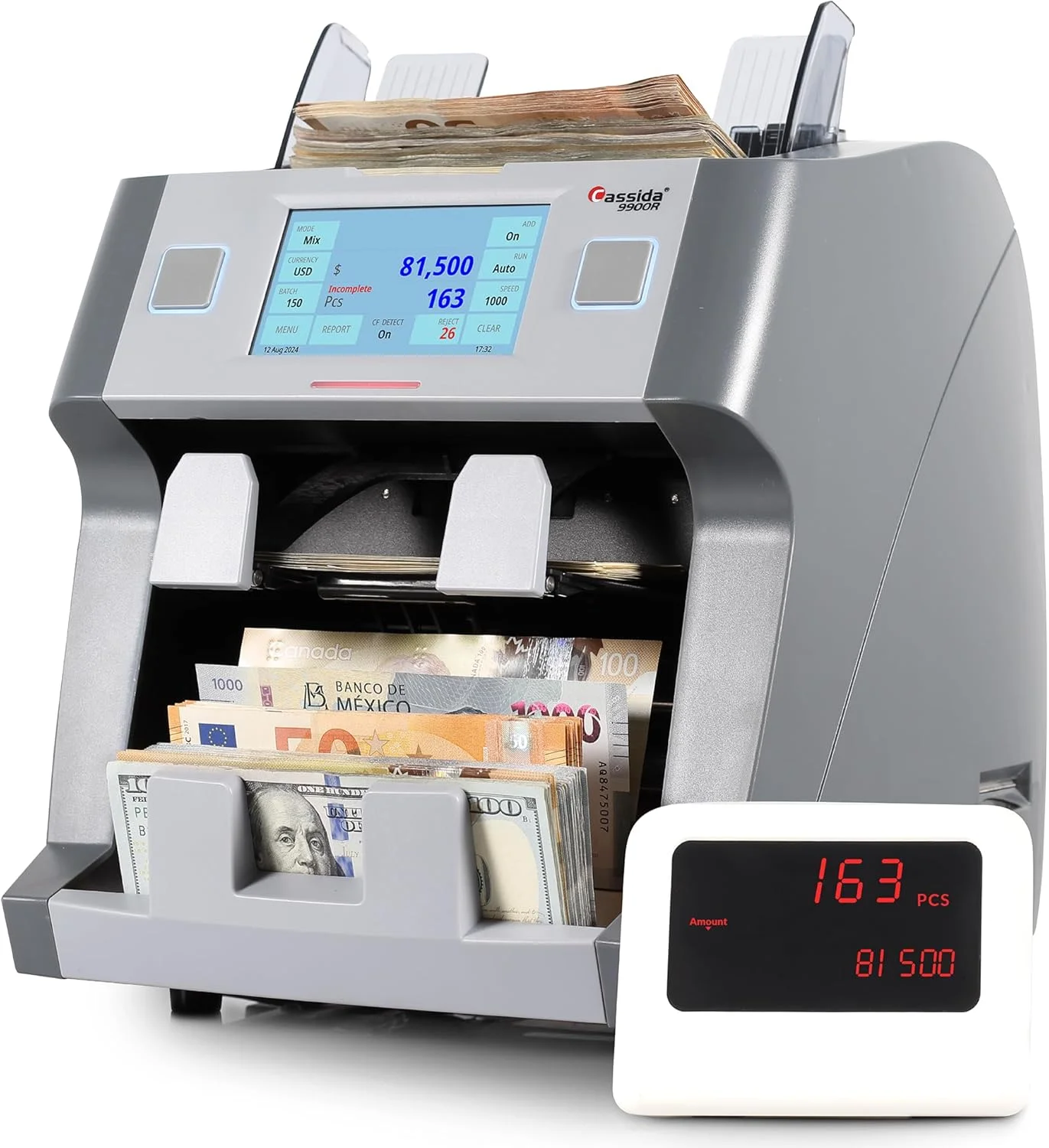 دستگاه شمارش پول دو جیبی پیشرفته Cassida 9900R V2، مناسب بانک، شمارشگر اسکناس مختلط، مرتب‌سازی اسکناس، شمارش ارزش، دارای قابلیت اتصال به چاپگر، 2 CIS، تشخیص اسکناس تقلبی با UV/MG، IR/IT به همراه چاپگر داخلی
